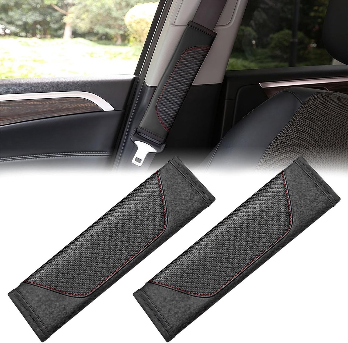 Gordelkussens - Schouderkussens - Comfortabel Rijden - Koolstofvezel Textuur - 23 cm - Zwart