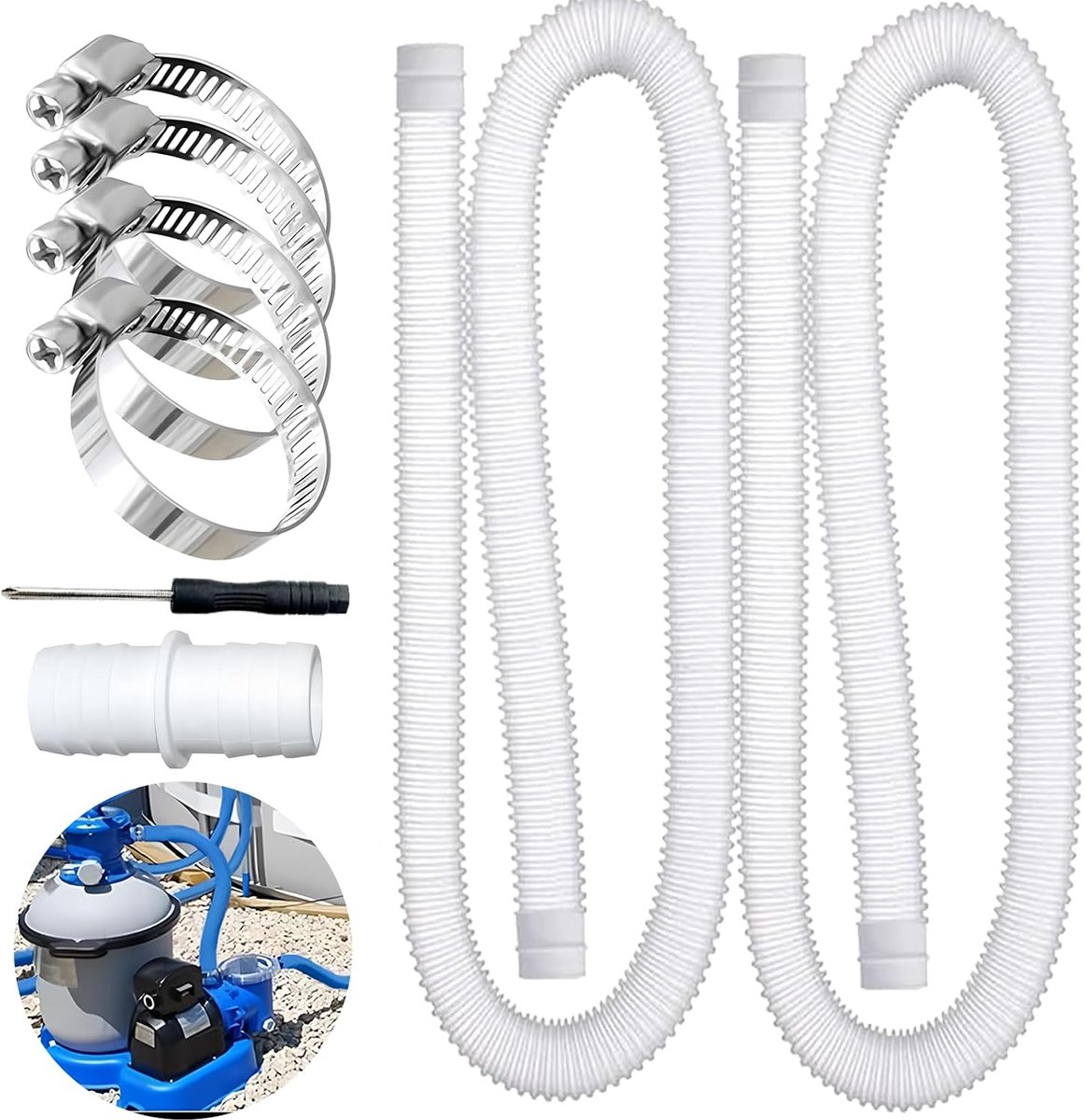 Zwembadslang 150 cm / Ø 32 mm, 2 stukken voor zwembadpompen, met 4 veiligheidsclips en 1 slangconnector, wit