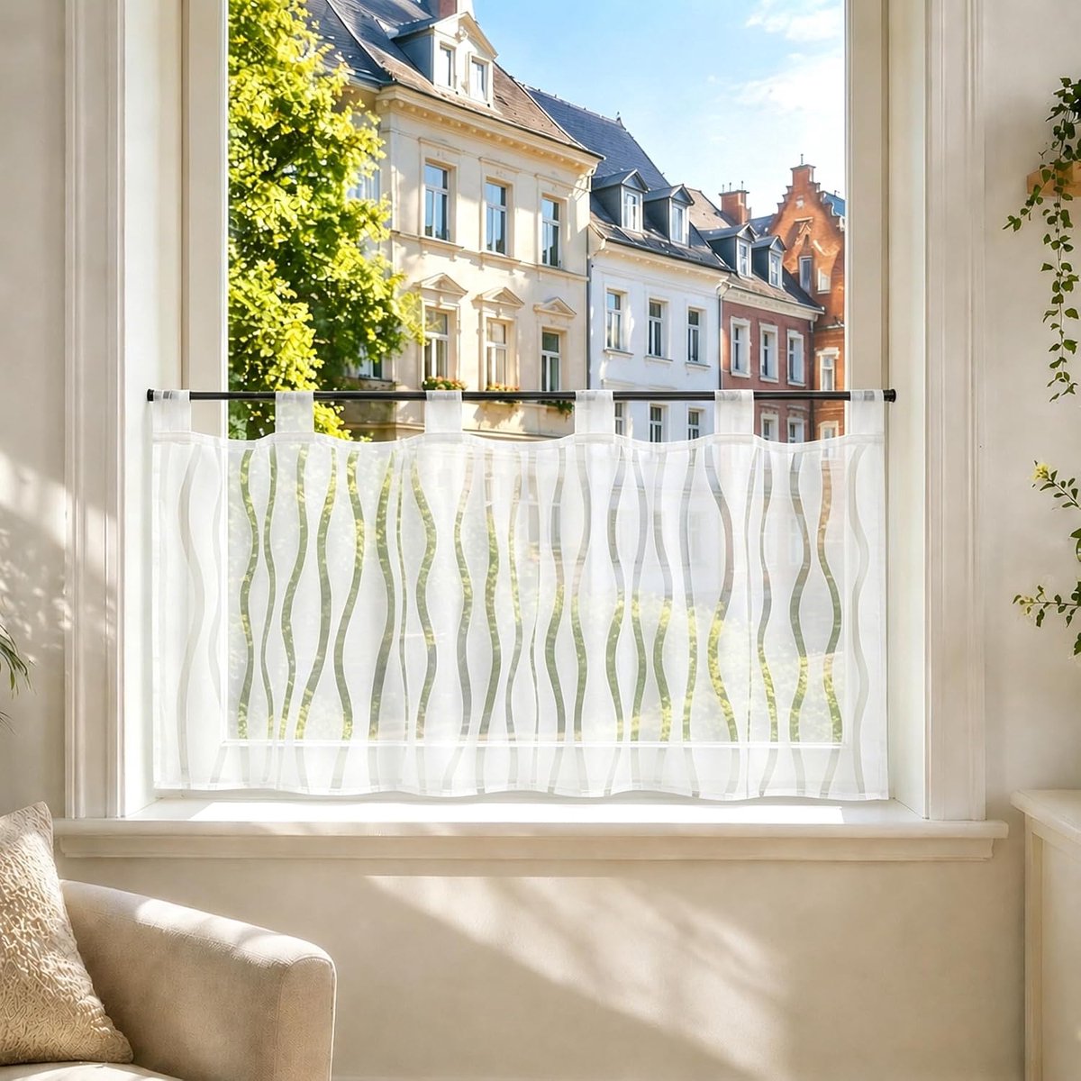 Angela paneelgordijn, voile burnout bistroraamgordijnen met lussen, kort gordijn H x B 60 x 90 cm, witte golven, per stuk verpakt