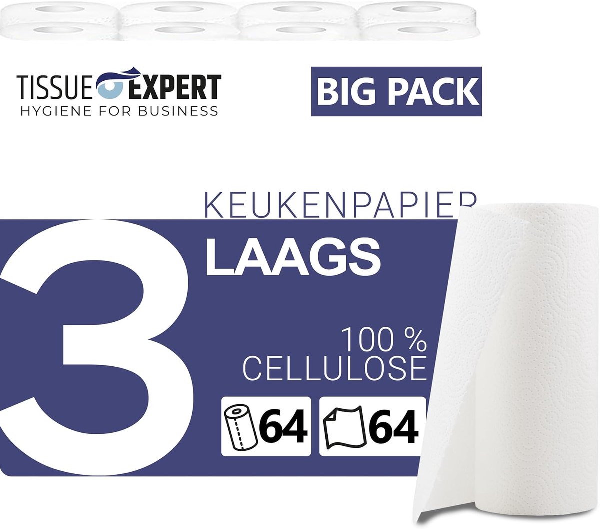 SnelShoppen - Keukenrollen 64 rollen van 64 vellen, 3-laags papier, 100% cellulose, hoog absorberend, multifunctionele huishouddoekjes, papieren handd