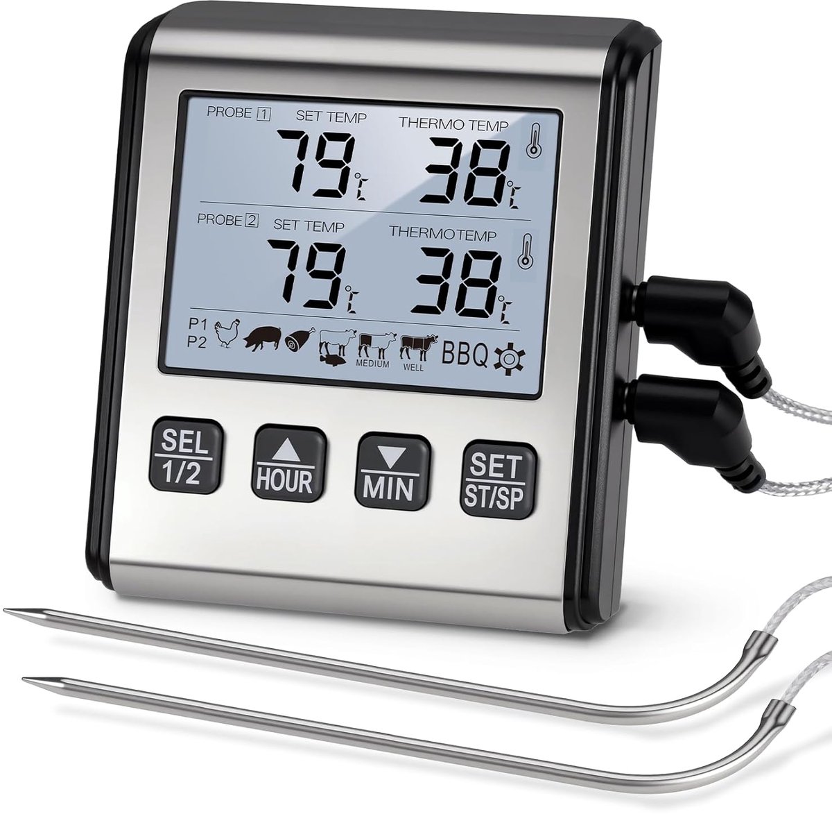 vleesthermometer met dubbele sonde, digitale grillthermometer met twee roestvrijstalen sondes, LCD-scherm en alarm, temperatuurbereik tot 300 °C, braadthermometer voor camperkeuken, barbecue