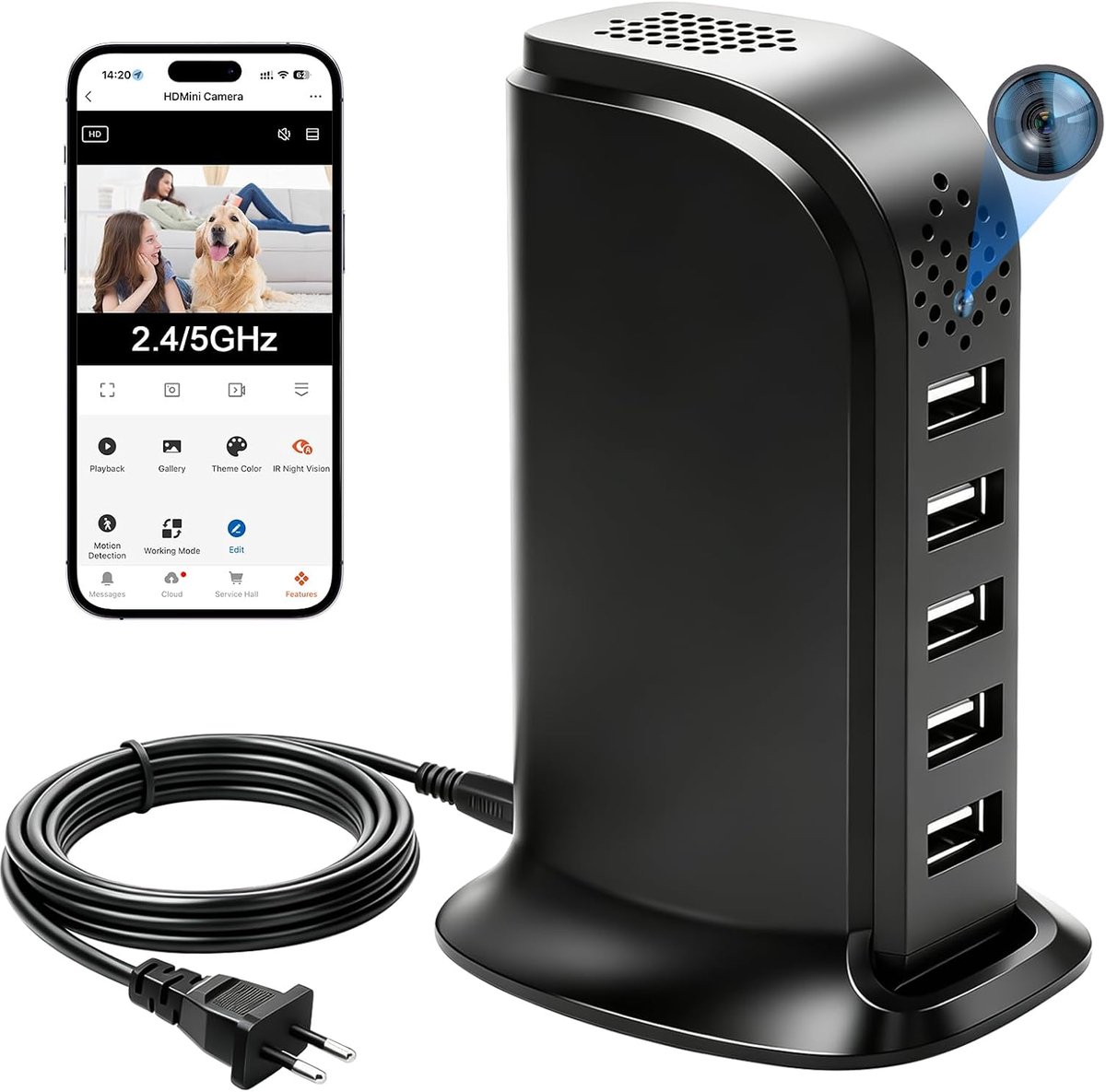 Verborgen Wi-Fi 5G-camera, USB-oplader met 5 poorten met verborgen camera, Mini spionagecamera Wi-Fi HD 1080P, Mini verborgen Wi-Fi-camera USB met bewegingsdetectie en looprecorder