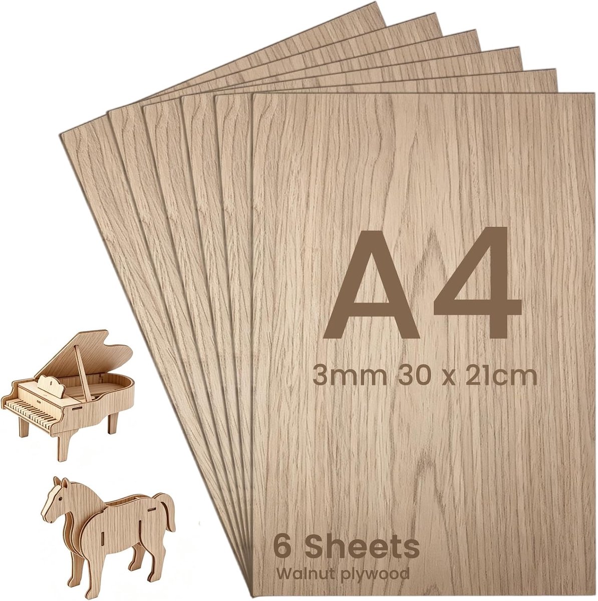 SnelShoppen - 3mm Plywood Plaat, Walnoot Hout Paneel, 6 Stuks, 300 x 200mm, A4 Plywood, Hout Paneel voor Laser Graveren, CNC Snijden, Schilderen, DIY