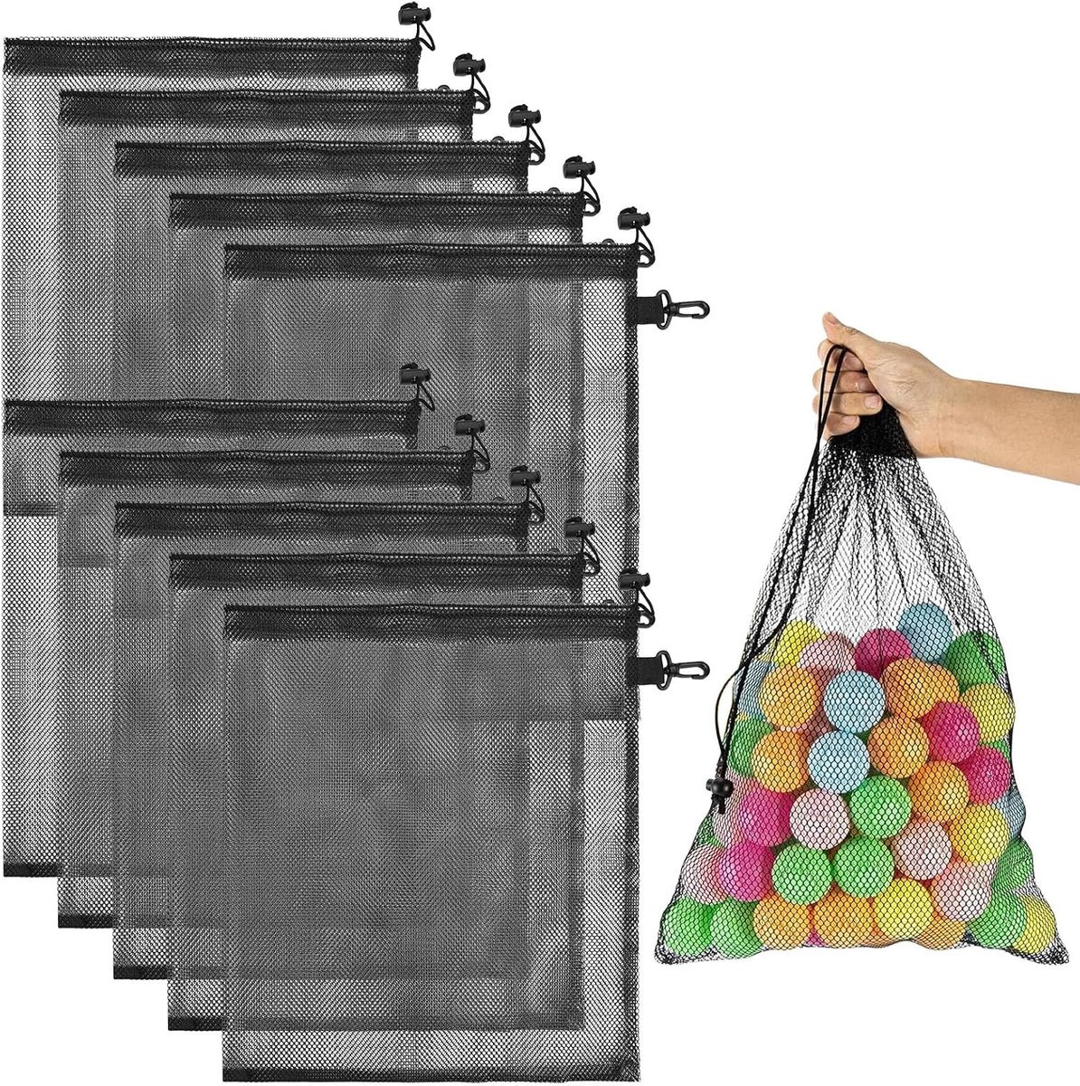 12 netvakken met trekkoord en clip, 40 x 35 cm, zwarte nettas, grote nettas met trekkoord, draagbare opbergtas voor zwembad en strandspeelgoed