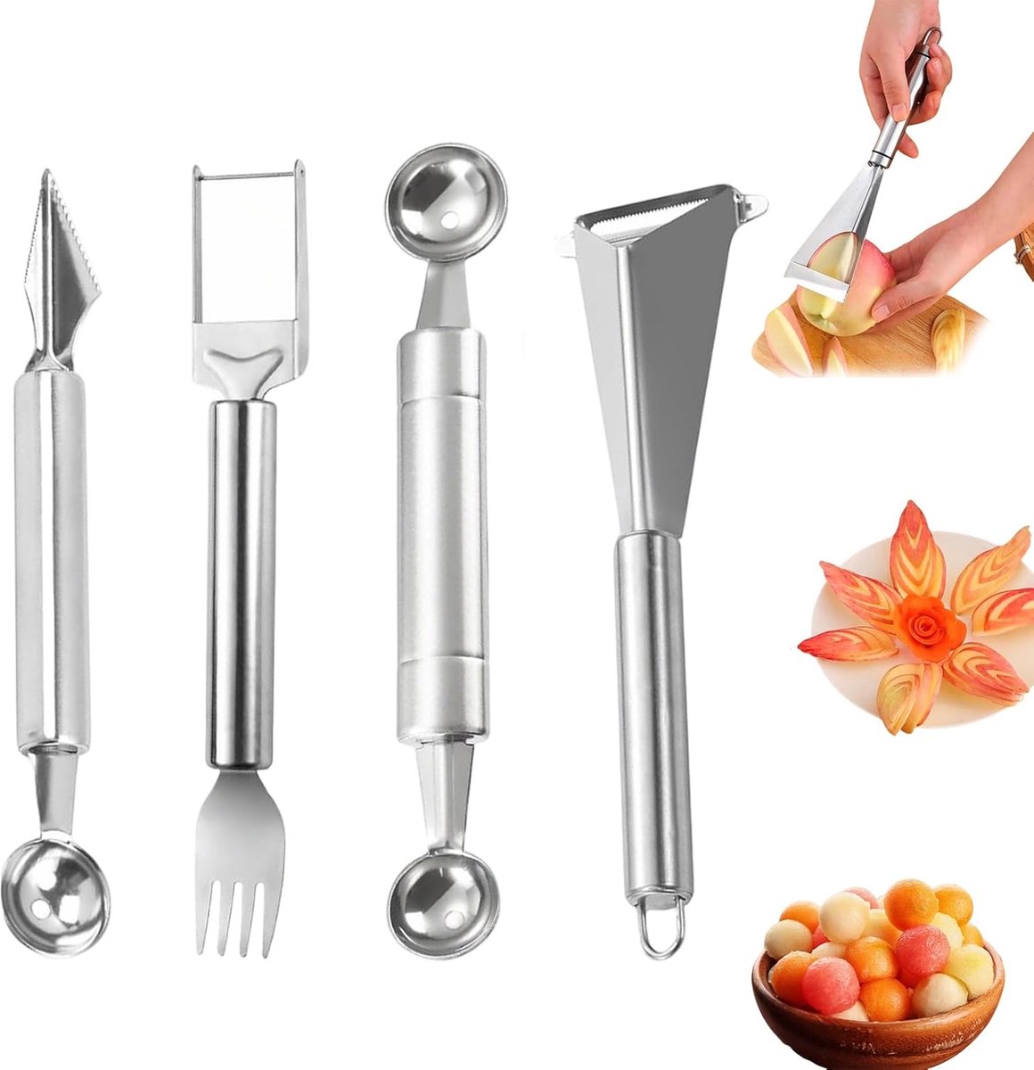 4 stuks fruitsnijmes, groente- en fruituitstekerset, watermeloensnijder, roestvrij staal, fruitgereedschapsset, meloensnijder en Parijse uitstekers voor fruit, groenten en meloen
