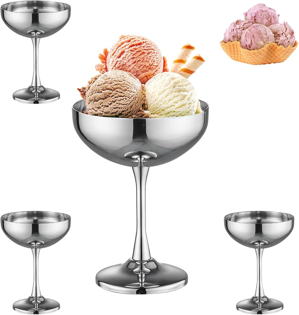 Ijskommen, 4 stuks dessertbekers 270 ml/9.13 oz herbruikbare metalen sundaebekers met voet voor bevroren yoghurt, pudding, fruit en sorbet moderne dessertglazen voor thuis en