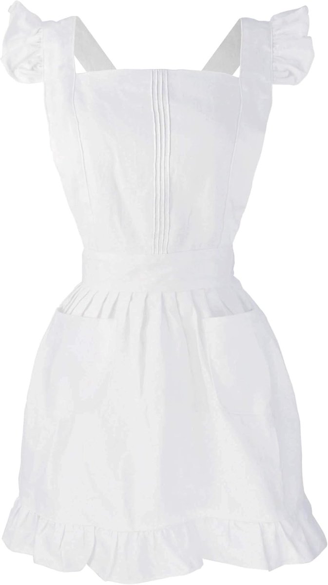 SnelShoppen - Maid Ruched Retro Schort Keuken Schorten Koken Schoonmaken Kostuums Wit 100% Katoen 70 cm Met 2 Zakjes Voor Vrouwen en Kinderen