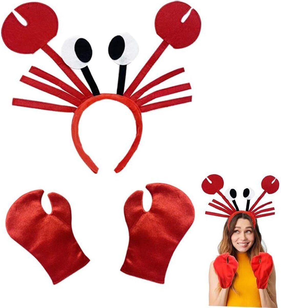 set - krab hoofdband met antenne en ogen, krab klauw handschoenen voor zeedieren cosplay, Halloween en themafeest