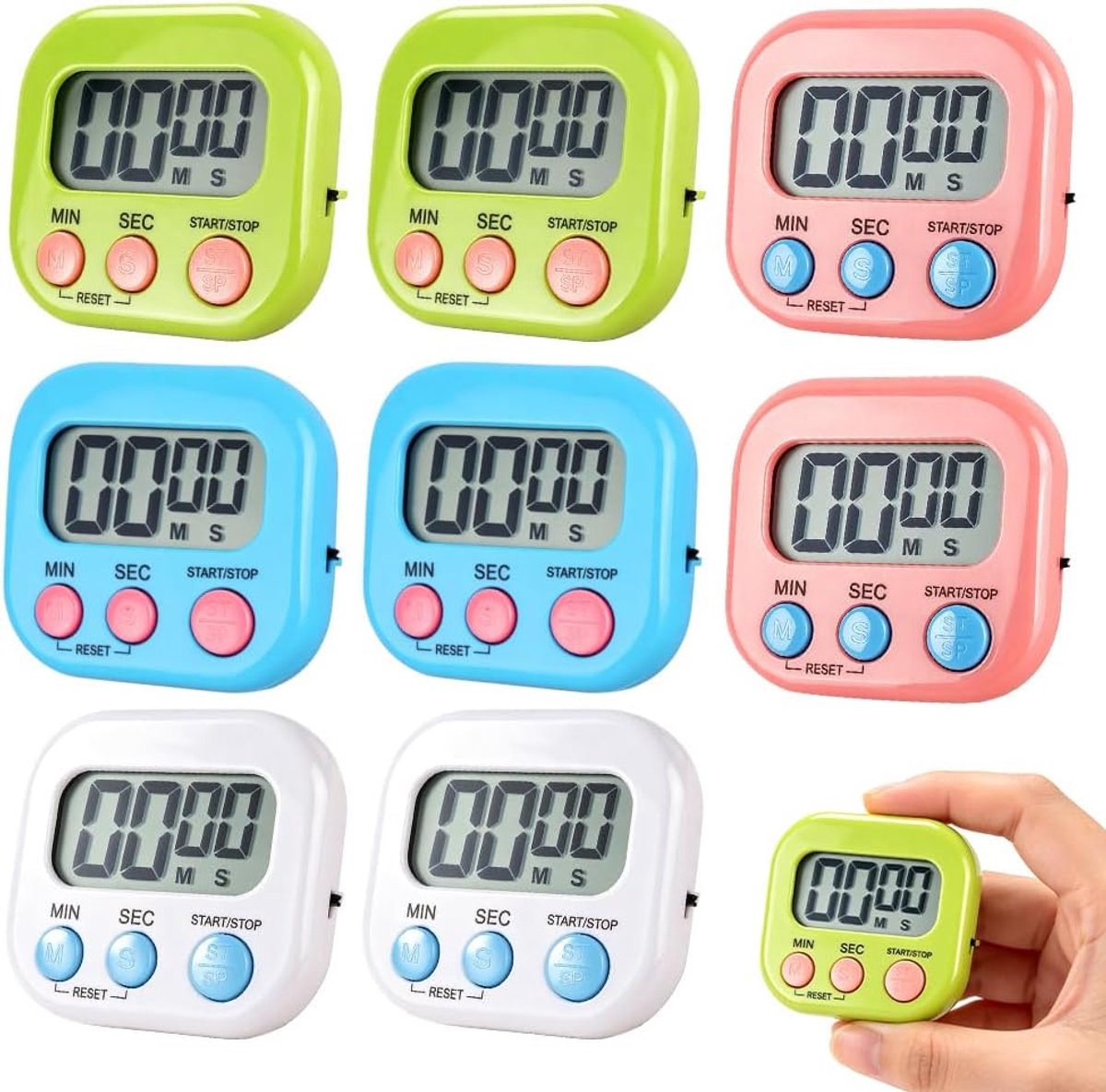Digitale keukentimer, 8 stuks, groot scherm, digitale eierwekker, magnetische stopwatch, tijdschakelaar, met aan/uit-schakelaar, inklapbare standaard en display voor koken, leren, kantoor