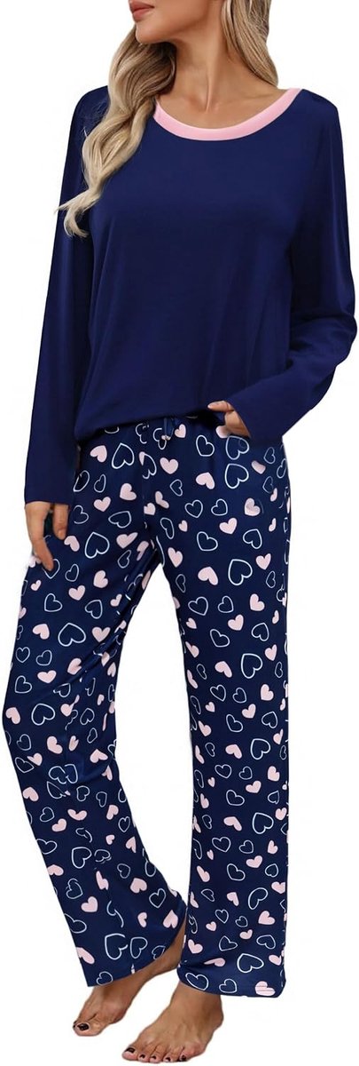 Pyjama dames lange katoenen pyjamaset tweedelige lange mouwen nachtkleding sleepwear ronde hals huispak pyjamabroek met hartpatroon