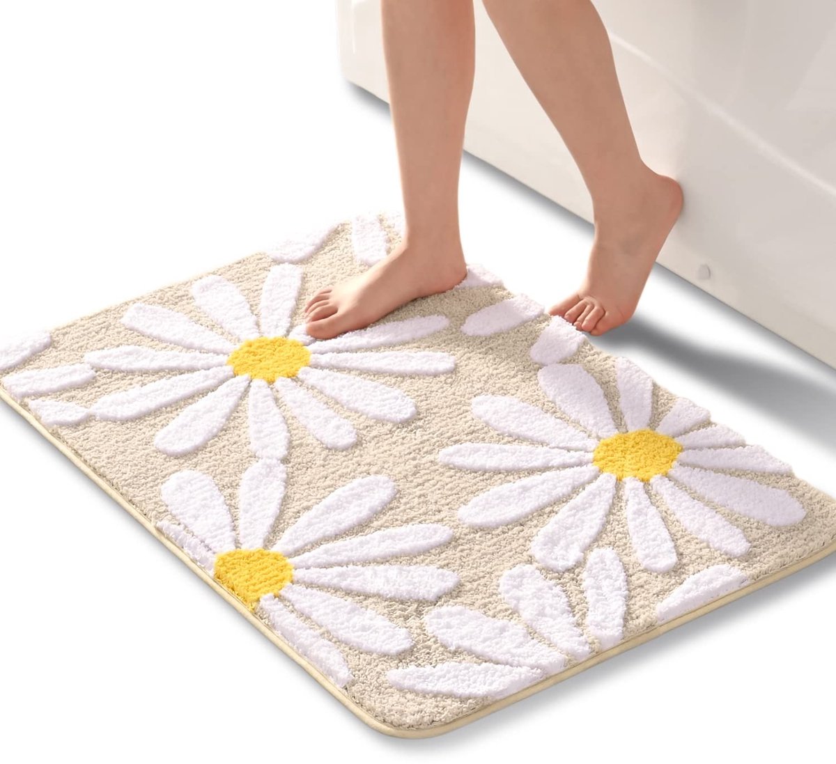 Omgoods - Beige Badmat met Bloemmotief, 60 x 90 cm, Wasbaar en Antislip