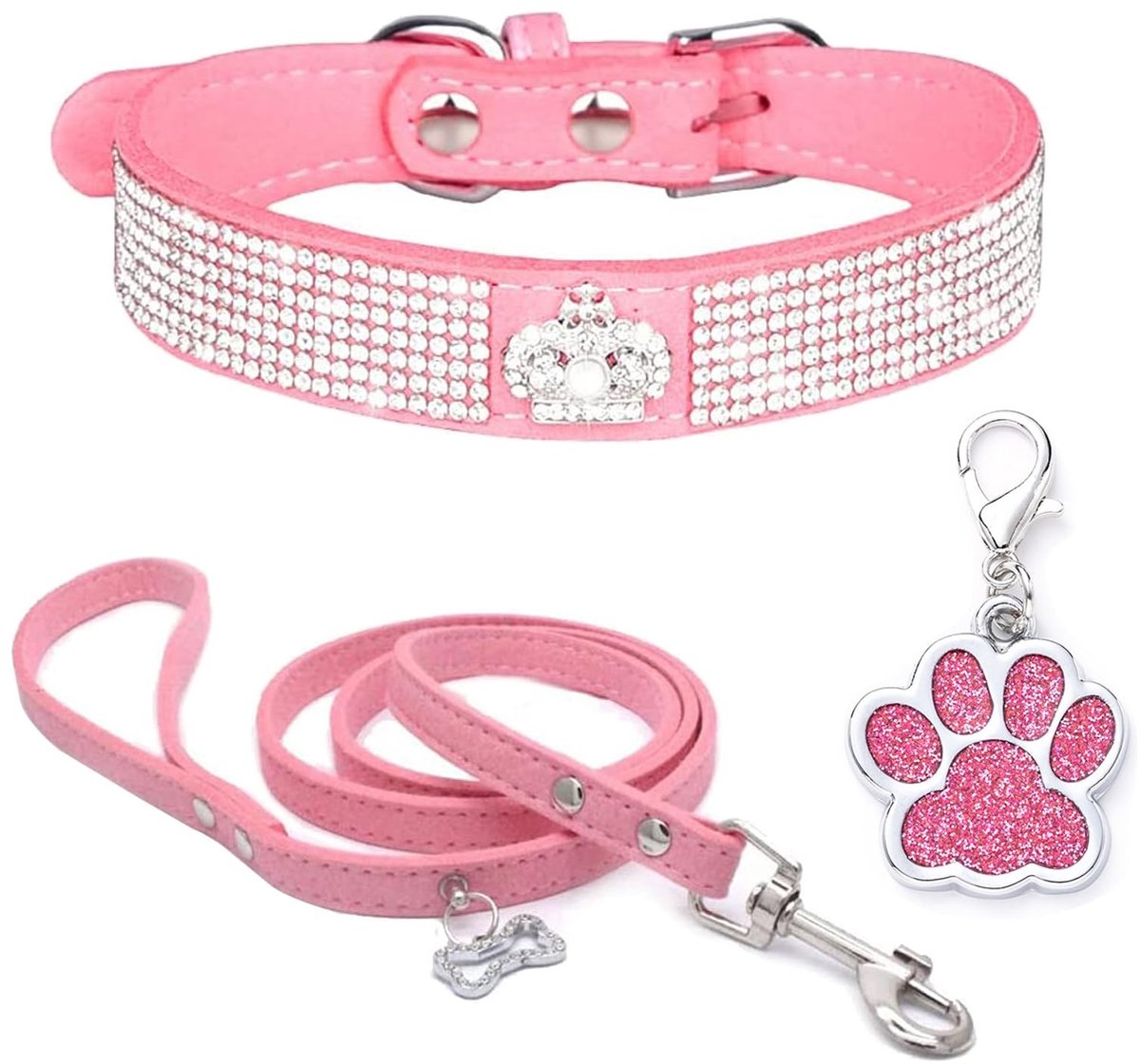 Omgoods - Zachte Fluwelen Hondenhalsband en Leash Set met Strass