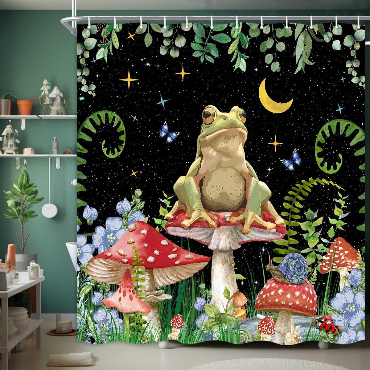 Omgoods - Boho Douchegordijn met Paddenstoel en Sterren - 175x177 cm Zwart