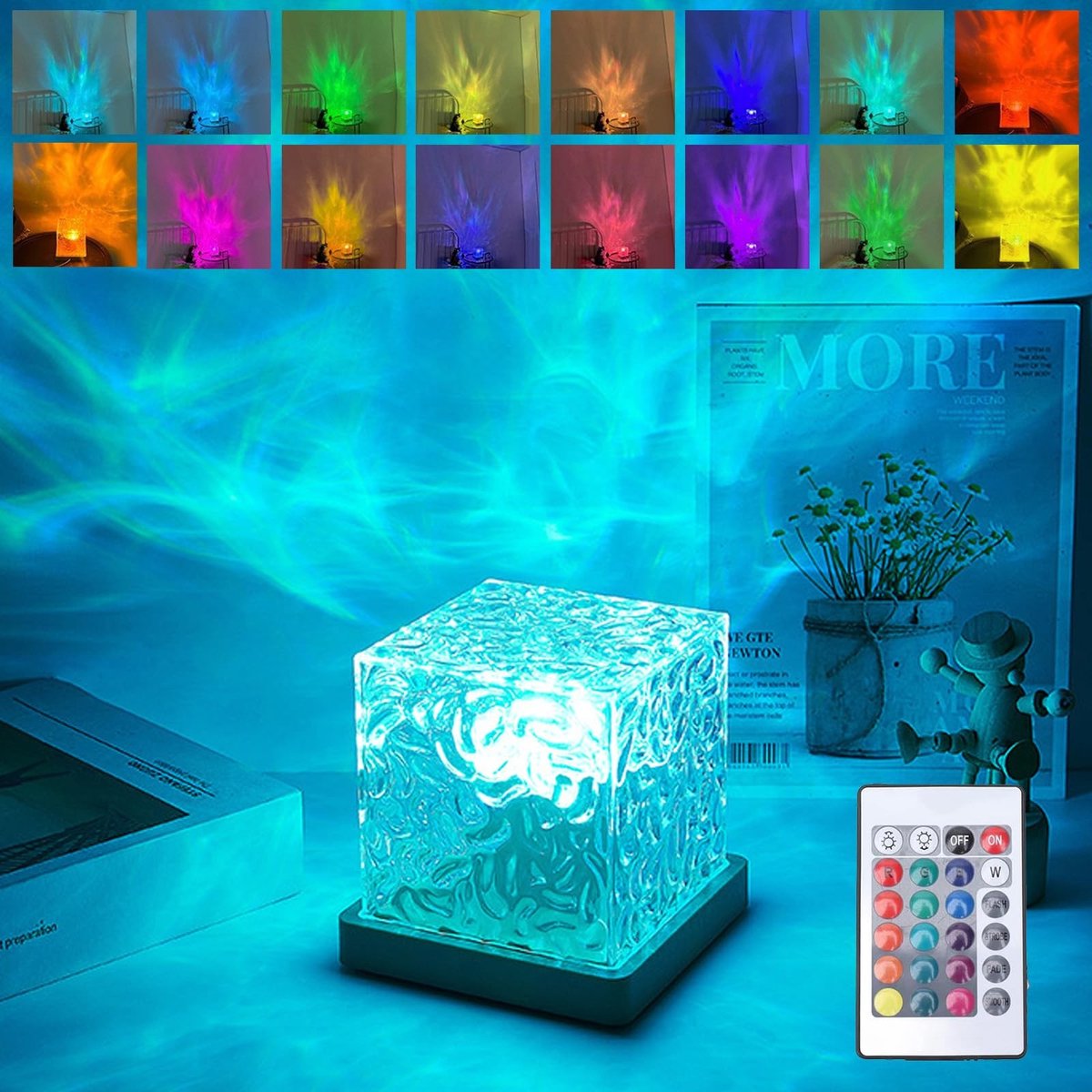 Omgoods- LED Tafellamp 3D Waterprojector - Kristallen Lamp - Nachtlampje - Sfeerlamp - Dynamisch Licht - 16 Monochrome Accessoires