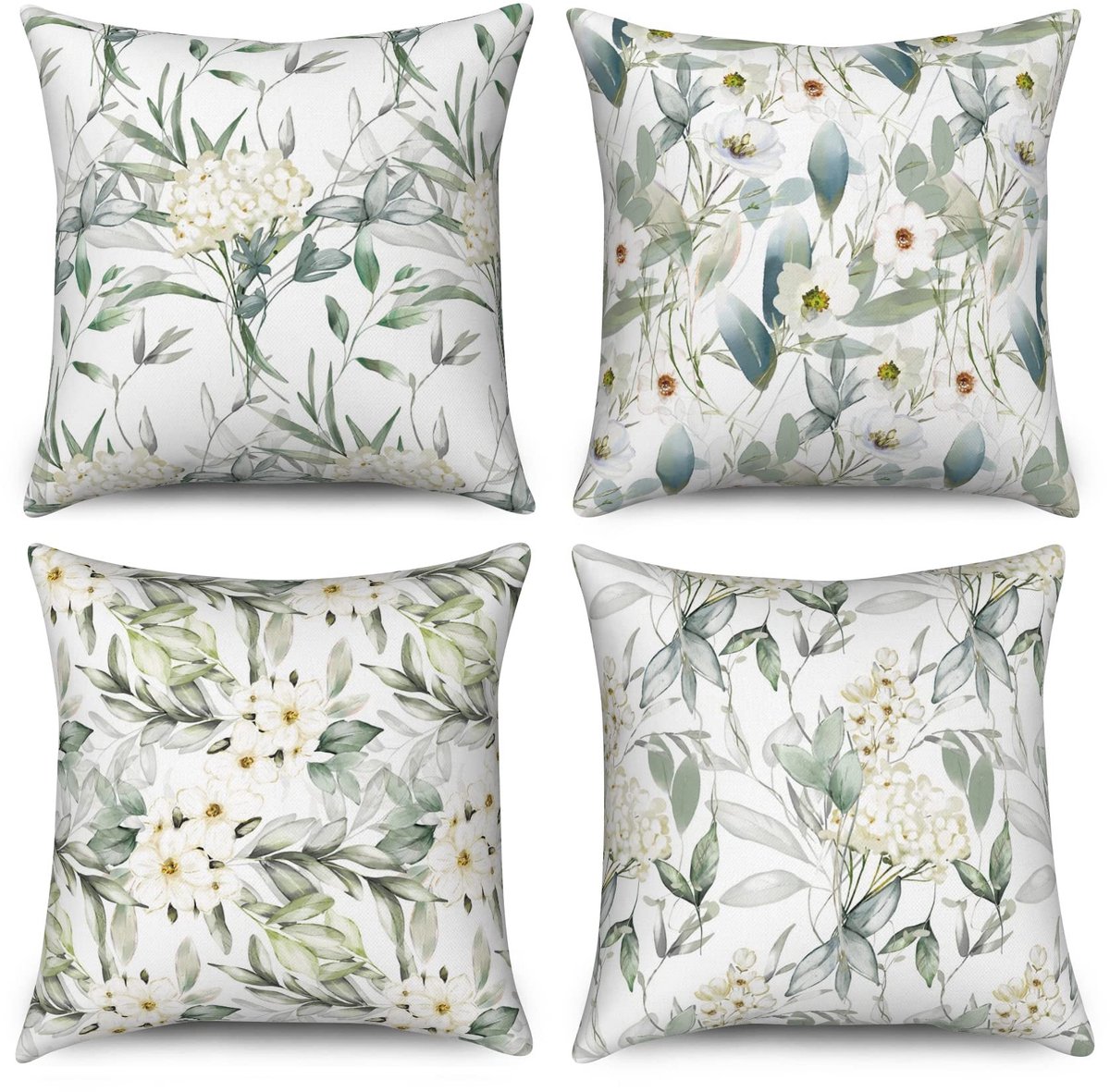 Omgoods - Set van 4 Botanische Kussenhoezen 50 x 50 cm met Waterverf Bloemen