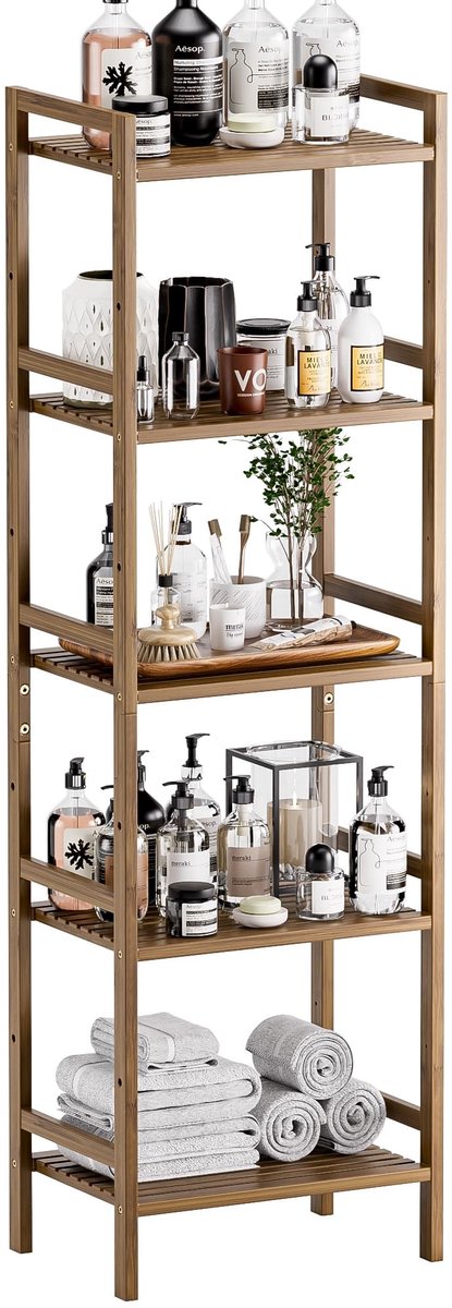 Omgoods - Bamboo Boekenkast met 5 Verstelbare Planken, Walnoot