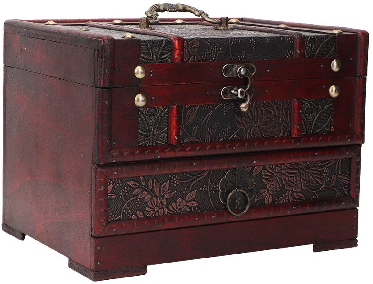 Omgoods- Sieradendoos Hout - Vintage Juwelendoos - Organizer voor Sieraden - Met Spiegel - Afmetingen 22 x 16 x 16 cm - Met Metalen Gesp - Sieradenbox