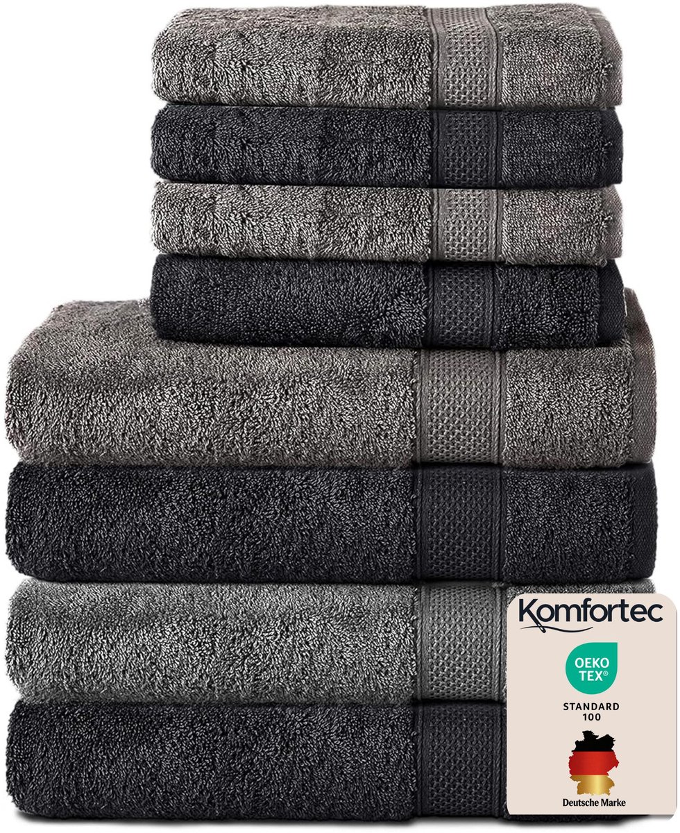 Komfortec Handdoekenset – Set van 8 - 4x Handdoek 50x100 cm en 4x Badhanddoek 70x140 cm - 100% Katoen - Antraciet/Zwart
