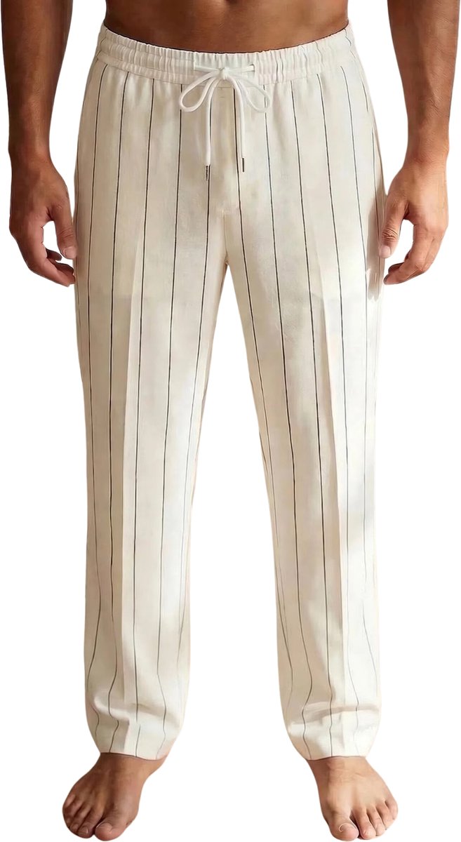 Currero Gestreepte Broek Heren and Striped Pants Yacht Club Linnen Broek Zomerbroek Volwassenen Lange Broek Strandbroek Beige