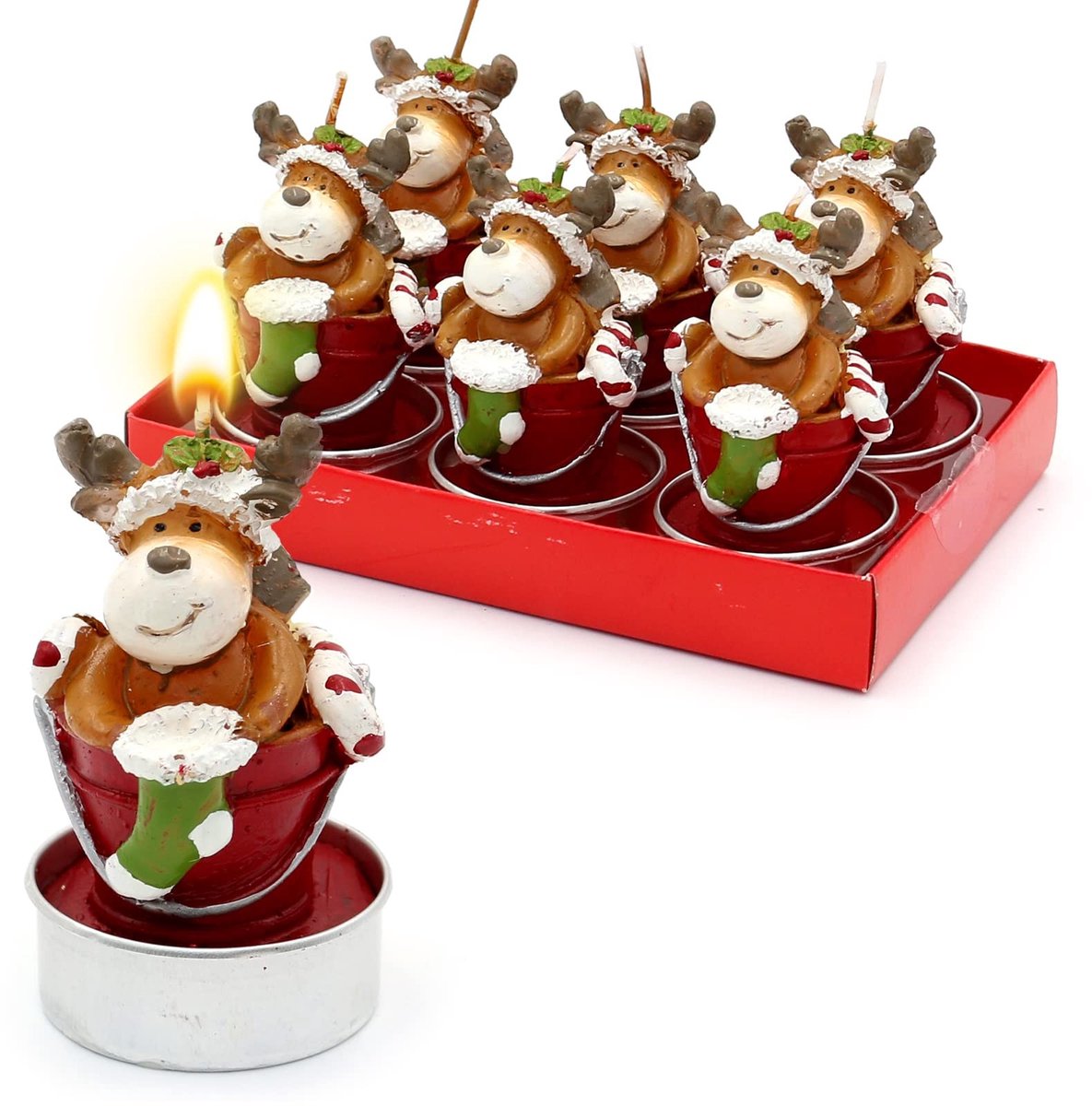 Omgoods - Set van 6 Theelichten met Eland in Emmer - 4x4x7 cm