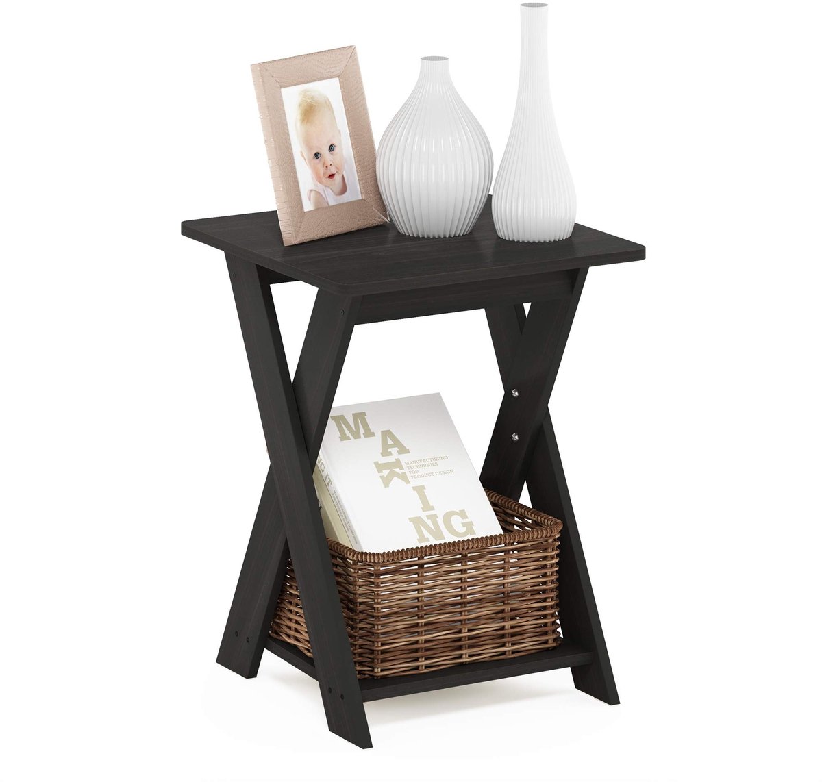 Omgoods - Houten Bijzettafel met Kruisframes en 2 Niveaus