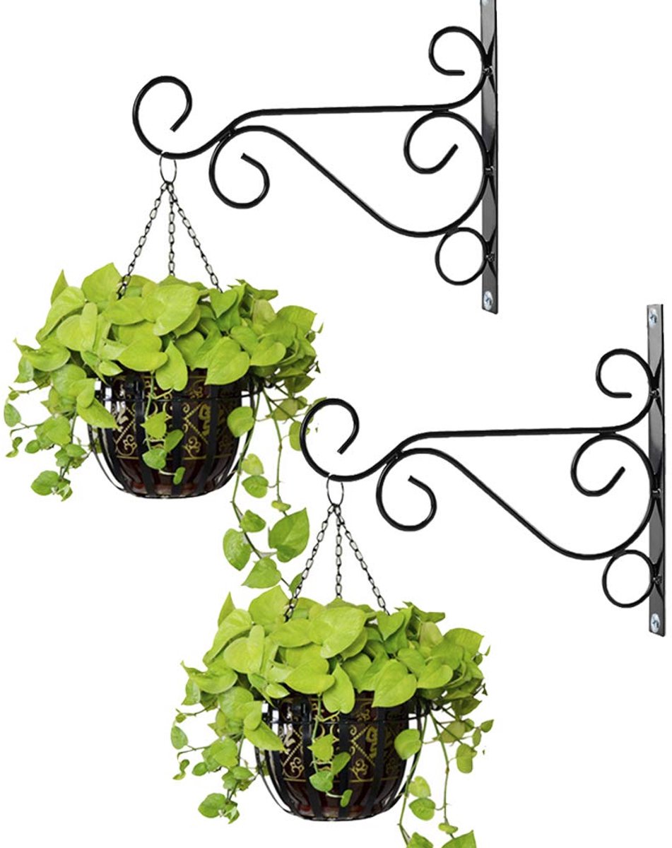 Omgoods- Hangende Mandbeugels 25cm - Zwart Metalen Ophanghaken - Tuinhanghaken - Stabiel Ontwerp - Set van 2 - Duurzaam Smeedijzer