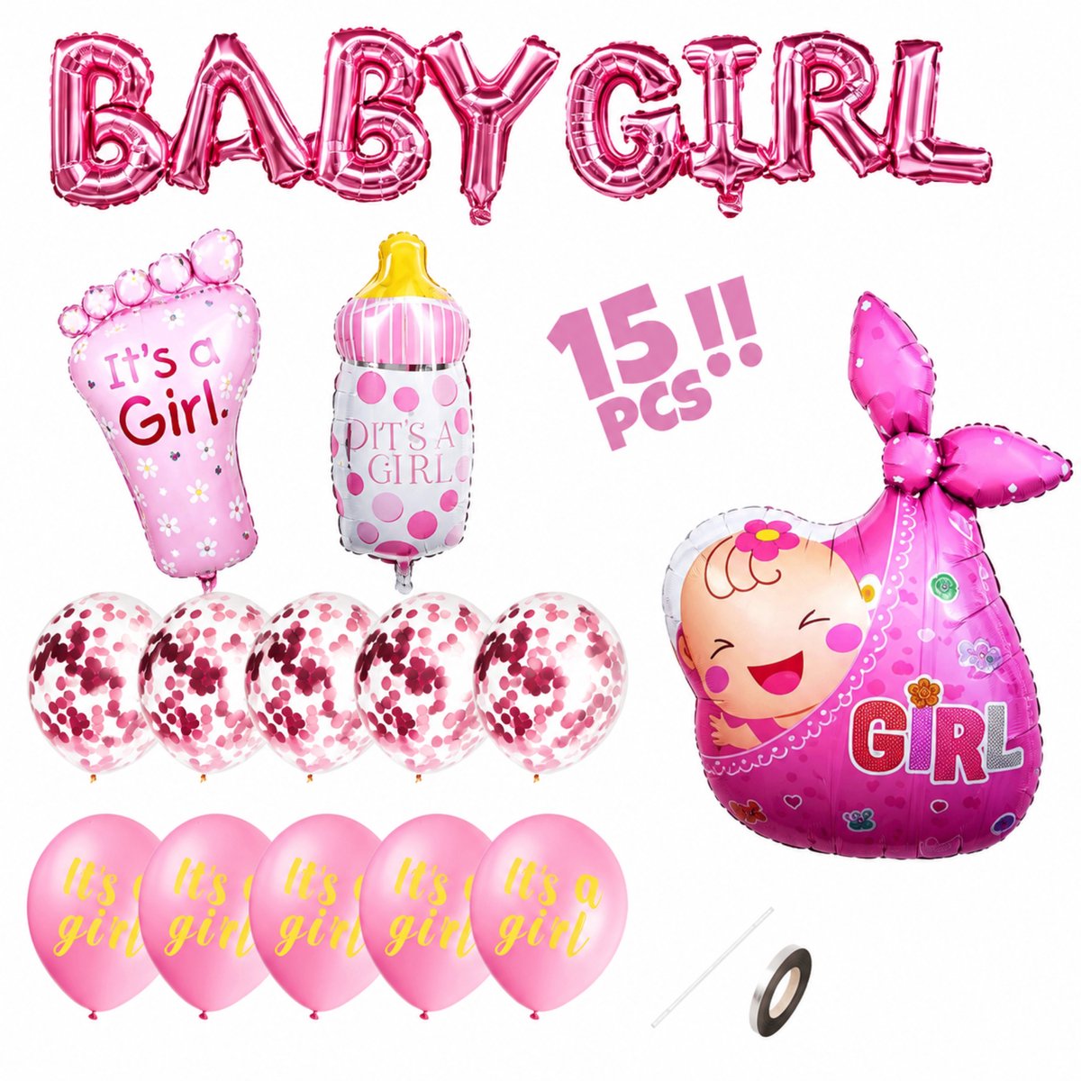 Fienosa Baby Girl Ballonnenset 15-delig – Baby Girl Letterballonnen – Babyshower Decoratie Meisje – It's a Girl Ballonnen – Gender Reveal – Geboorte Versiering