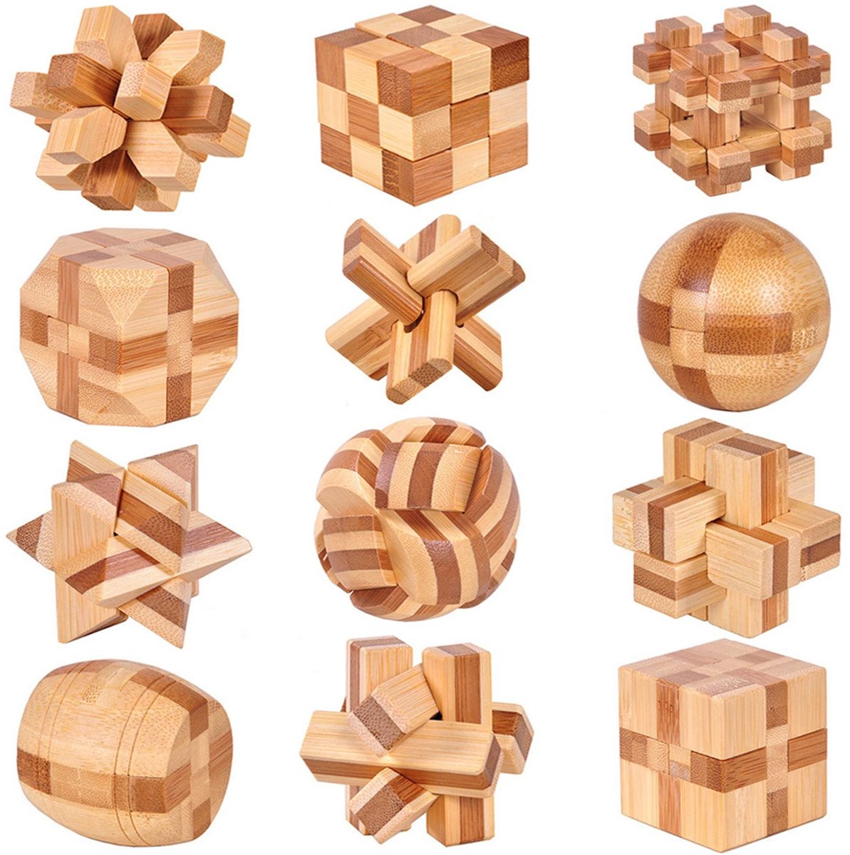 Omgoods - Set van 12 Houten Puzzels voor IQ-uitdaging