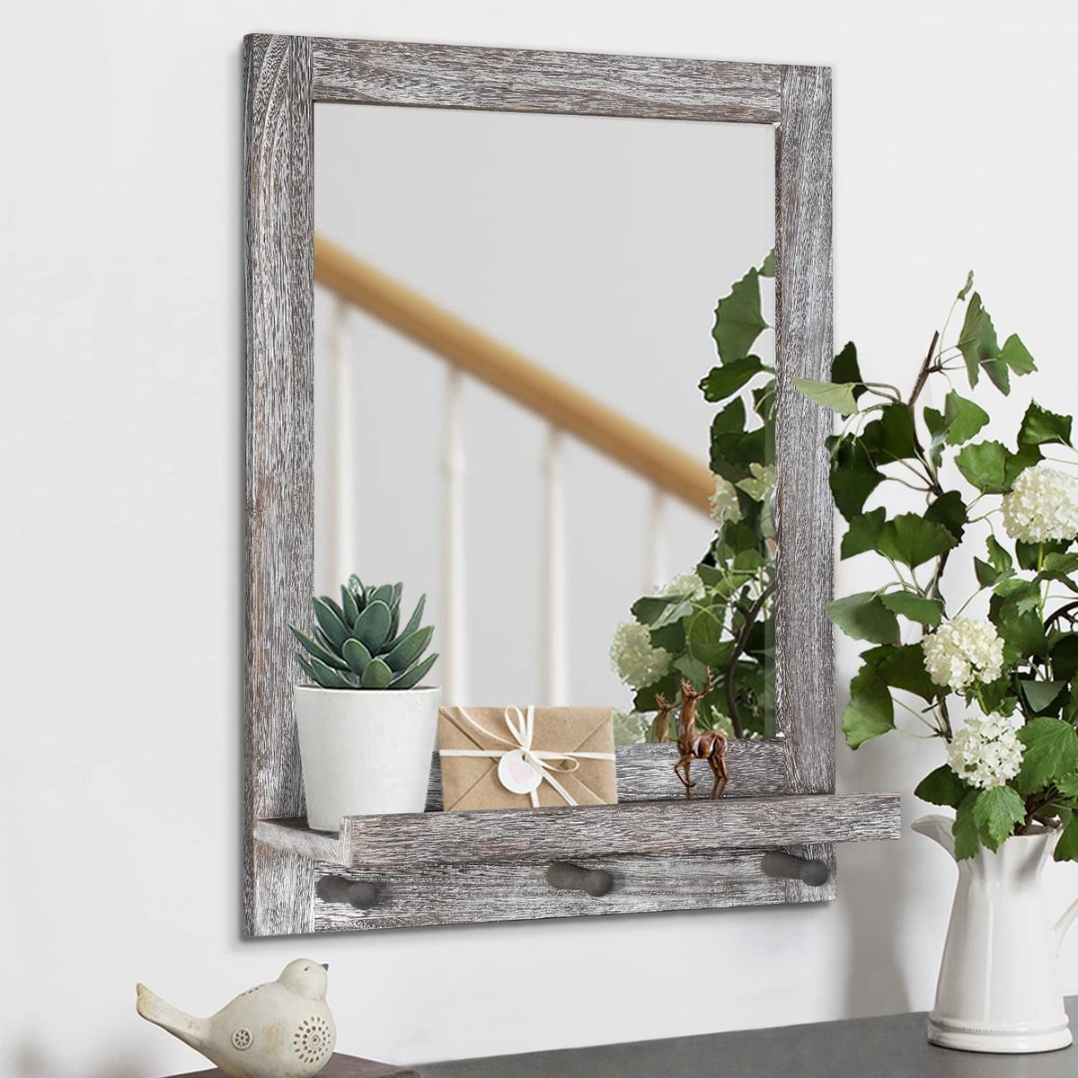 Omgoods - Wandspiegel met Plank in Rustieke Stijl, 42 x 58 cm