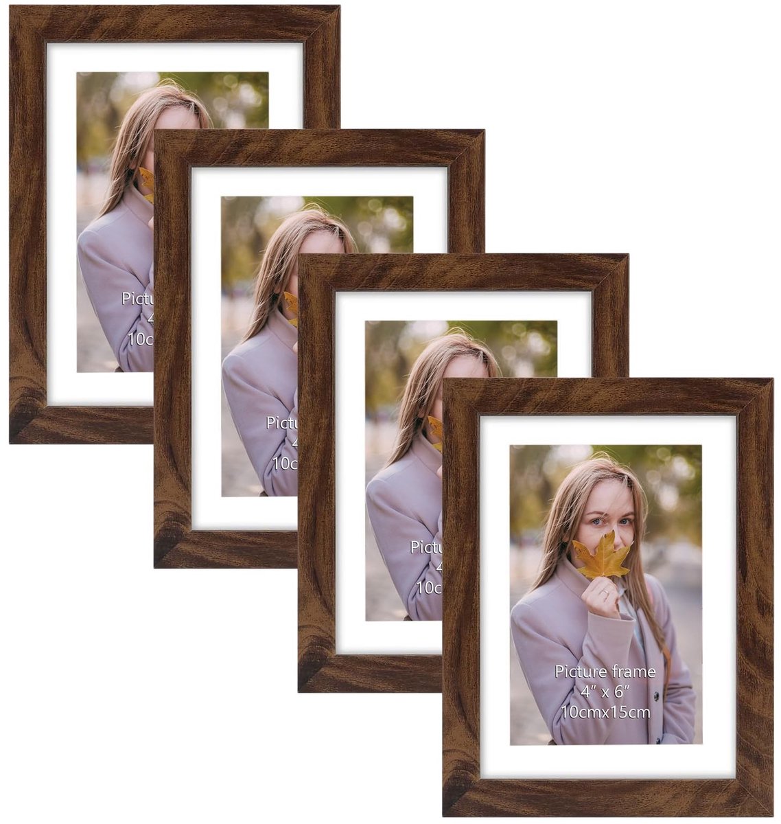 Omgoods - Set van 4 Bruine Fotolijsten 10x15 cm met Passe-Partout