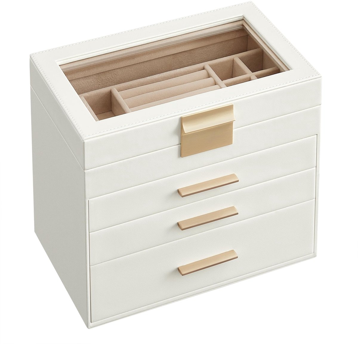 Omgoods - 4 Laags Sieradenbox met Glazen Deksel en 3 Lades