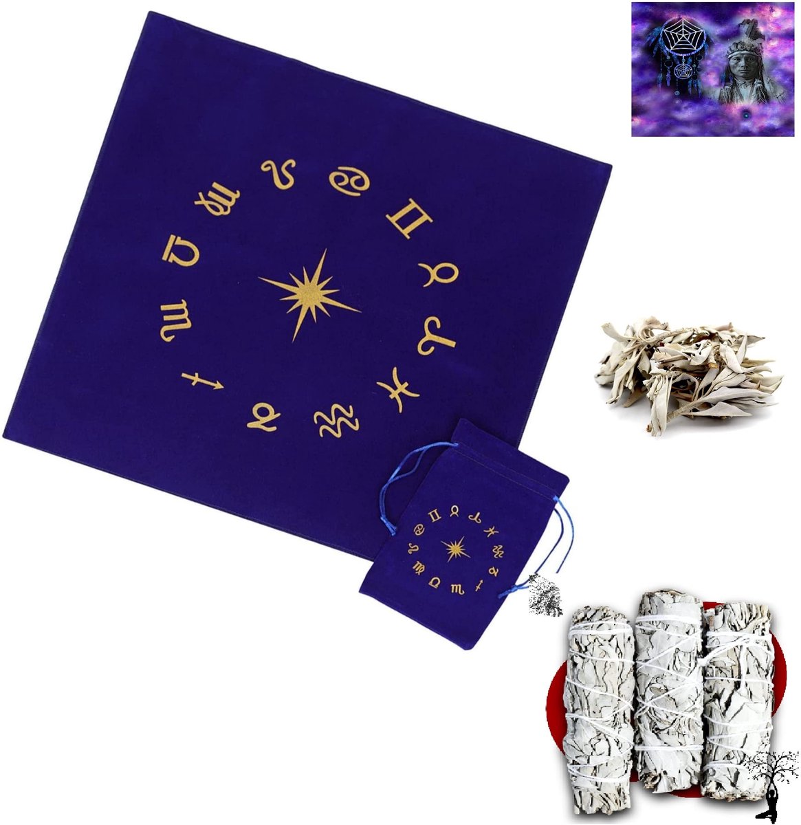 Omgoods - Tarot Tafelkleed voor Waarzeggers met Witte Salie en Incense