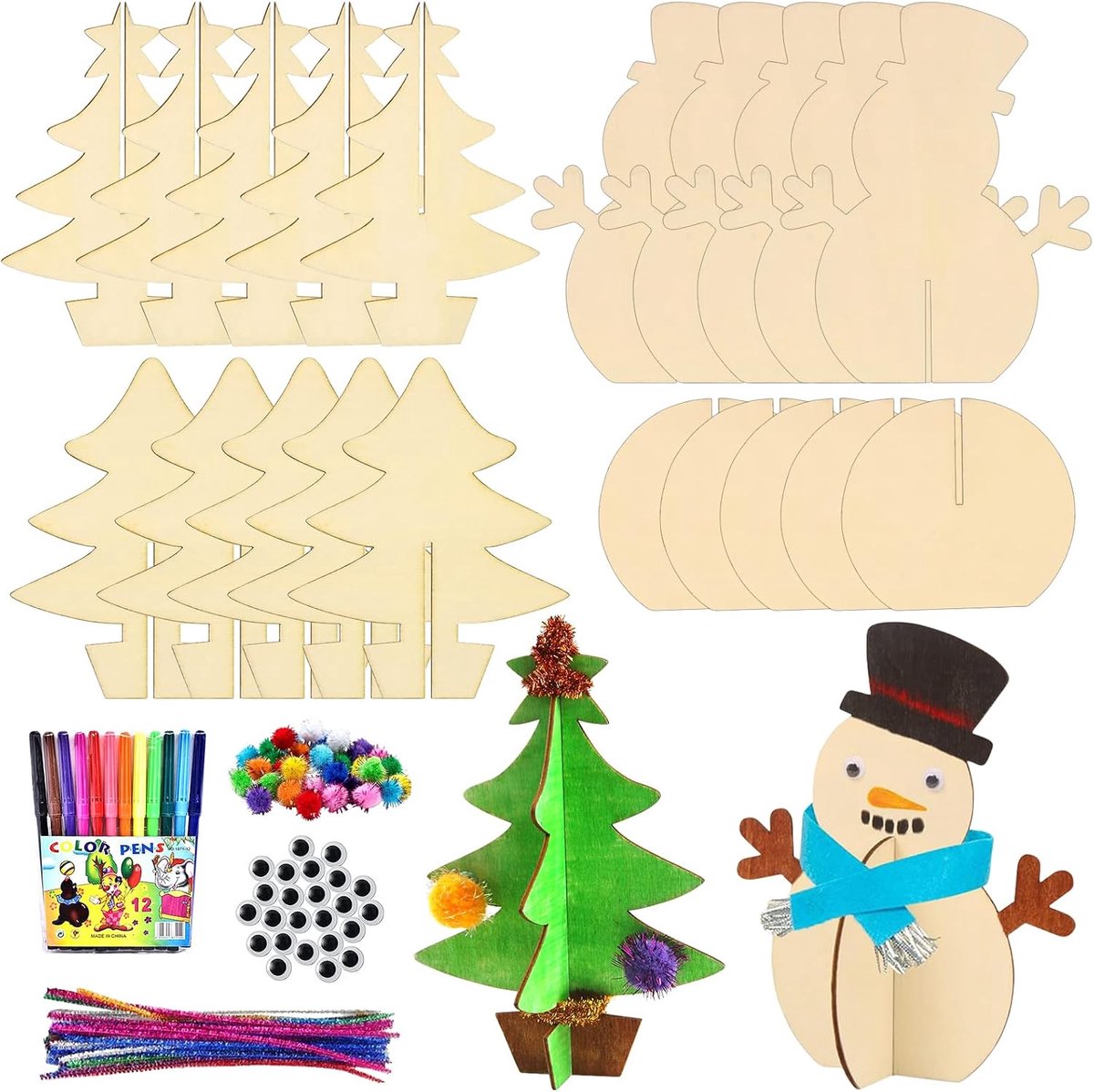 SnelShoppen - Kerstboom Knutselset 10 Delen 3D Houten Kerstboom Decoratie Kinderen DIY Knutselset voor Kinderen Houten Kerstboom Tafelversiering