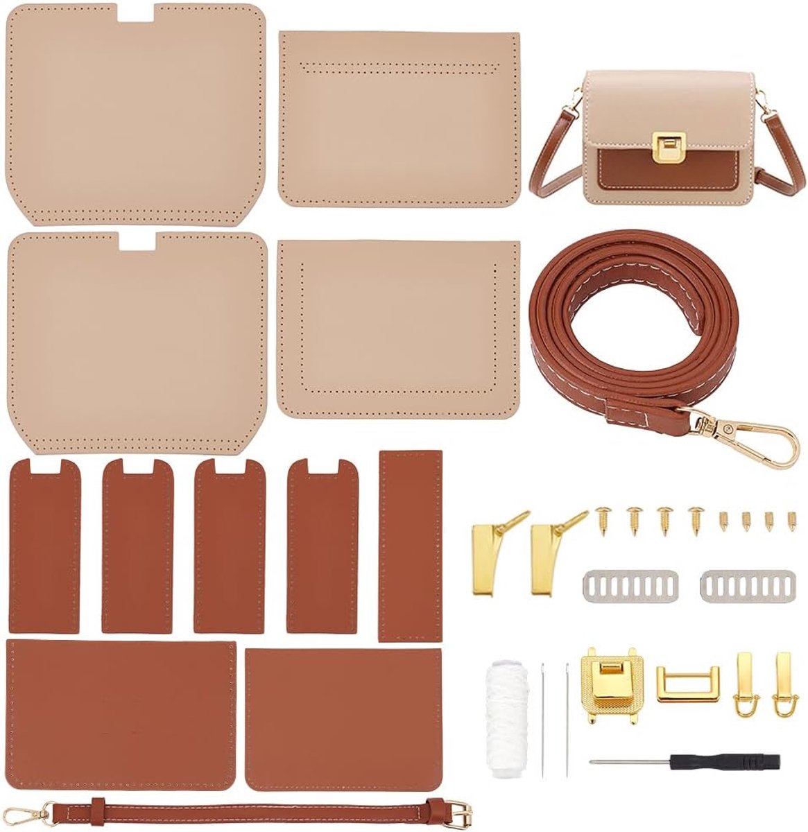 SnelShoppen - DIY Crossbody Tas Maakset, PU Leer Schoudertas Maakmaterialen Set, Handgemaakte Tas Met Accessoires Voor Beginners, 19x7x15cm, Khaki