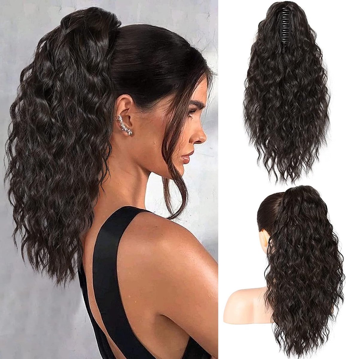 SnelShoppen - Ponytail Extension Claw Clip voor Vrouwen - 45cm Lange Krullende en Golvende Haarextensions - Natuurlijk Uiterlijk - Zwart Bruin - Fluff