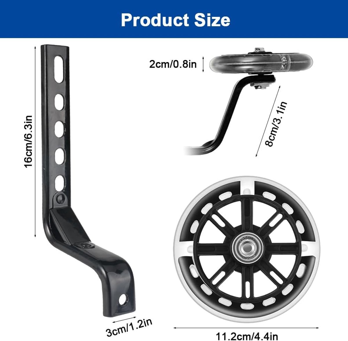 SnelShoppen - Fiets Steunwielen voor Kinderen, Verstelbare Universele Stabilisatoren voor Kinderfiets, 12-20 inch, Zwart, Compleet met Montage Set