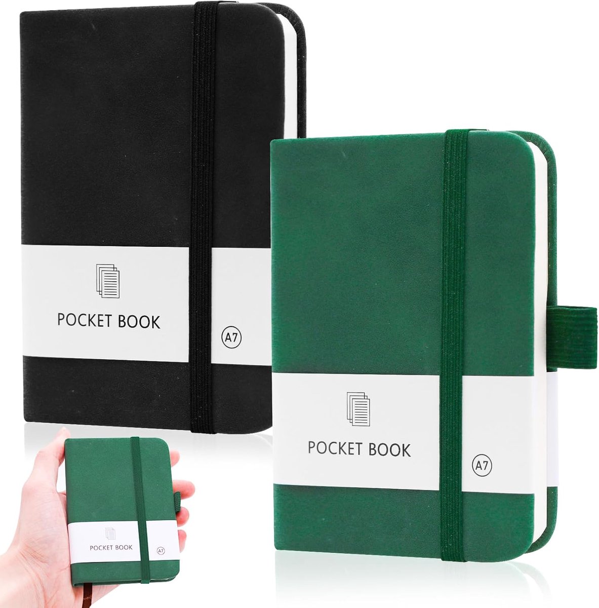 SnelShoppen - 2 Stuks A7 Notitieboekje Klein Met Elastische Band en Penhouder Mini Pocket Journal 200 Pagina's Voor School Werk (Zwart, Groen)