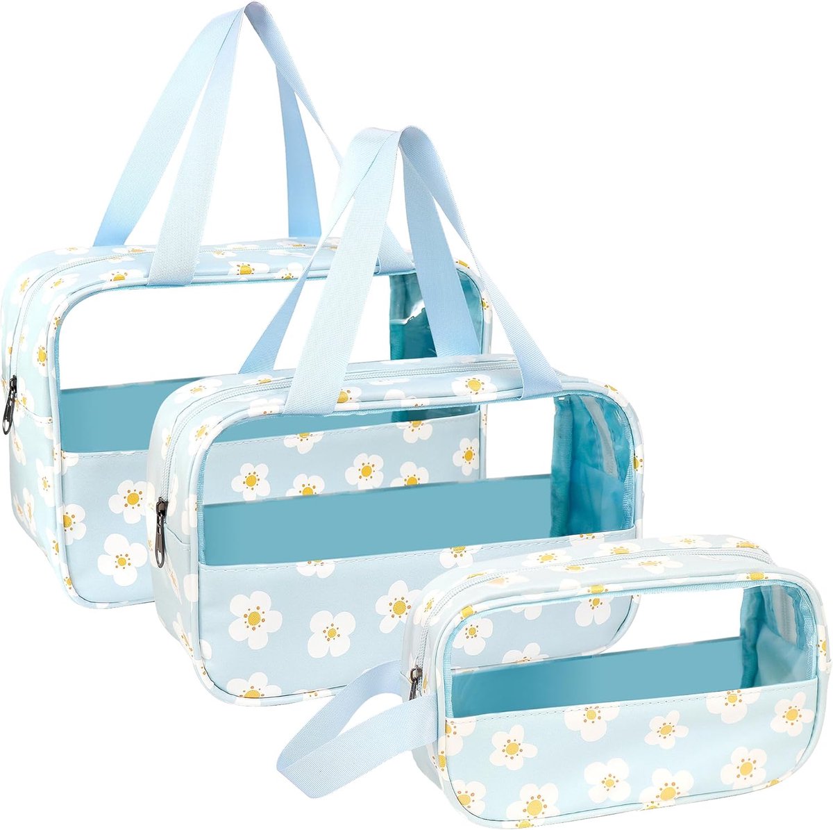 LEcylankEr Transparent Toiletry Bag Set of 3 Portable Cosmetic Bag Waterproof PVC for Women, Blue Print, Transparent - ShopVlot