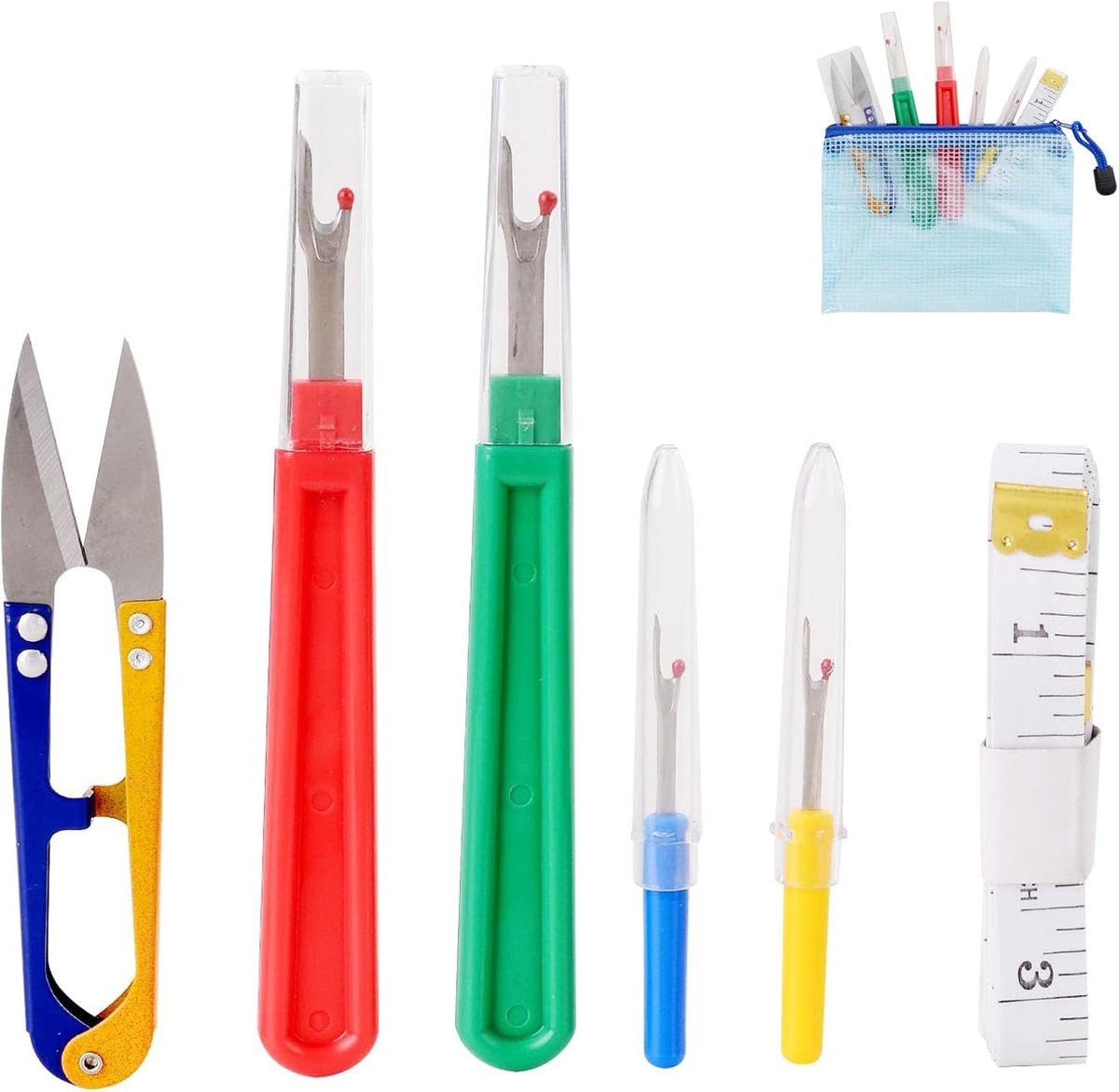 SnelShoppen - Pack van 7 Naadverwijderaars, Snelle Naaldpickers, Naaigereedschap met Scharen, Rolmaat en Opbergtas voor DIY Creaties