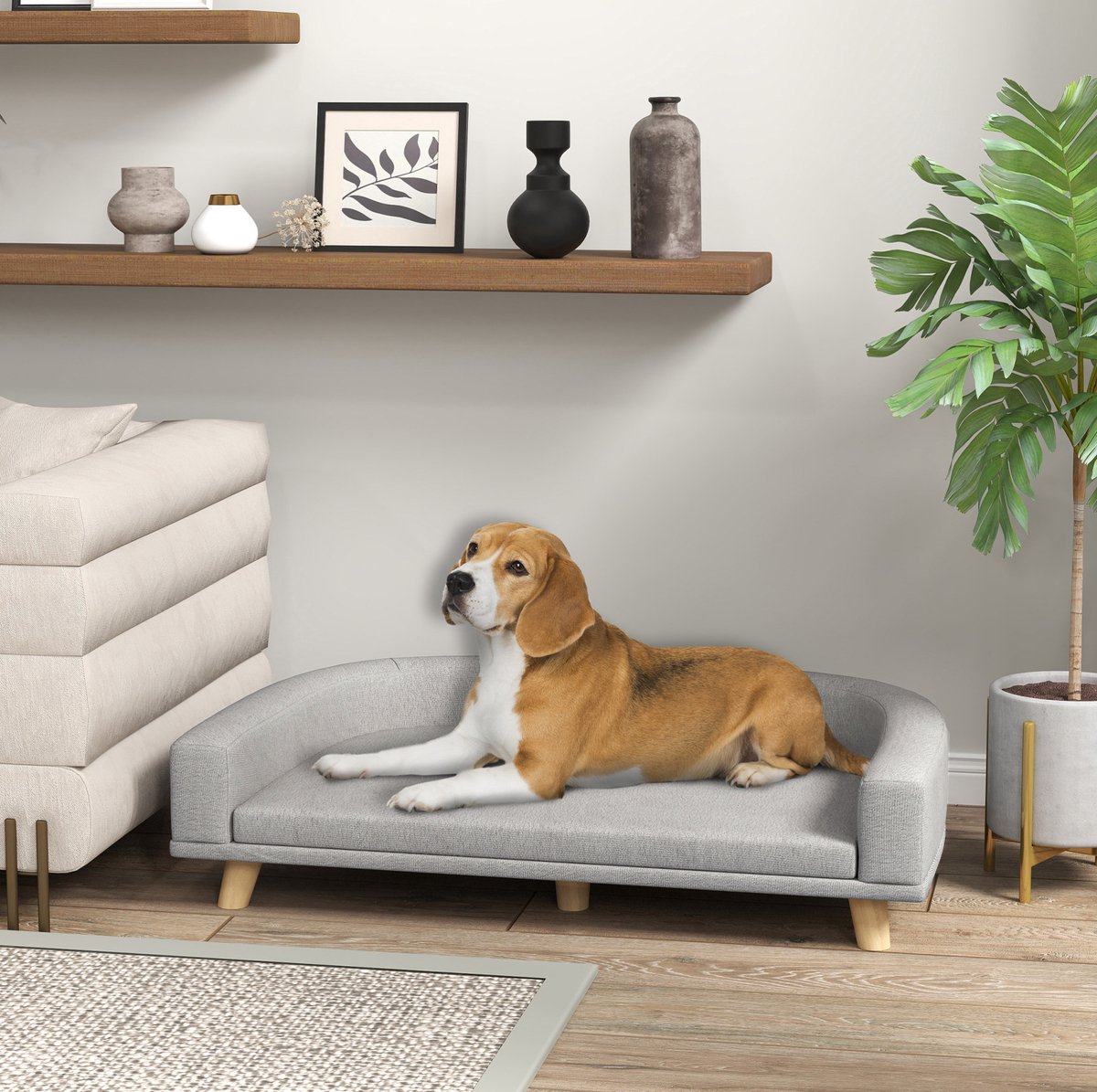 COVREO Hondenbank 98 x 67 x 25 cm grijs, polyester met kussen en houten poten