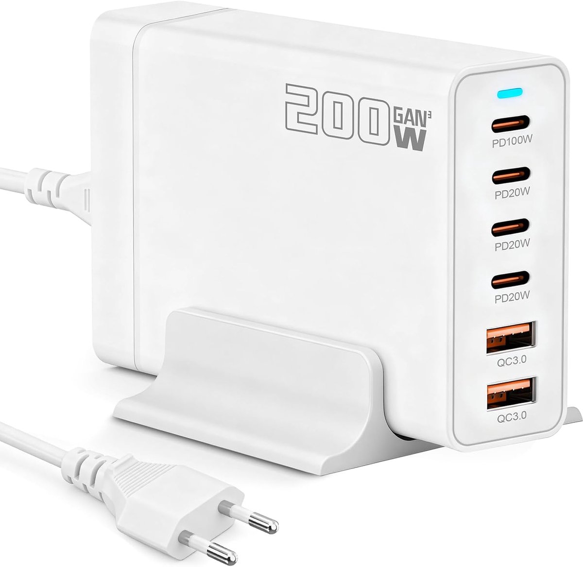 Witte 200W Multi-Poort USB-C Snellader (EU) – 6 Poorten, 100W PD voor MacBook Air M4, Geschikt voor MacBook Pro, iPad, iPhone 17/16, Samsung
