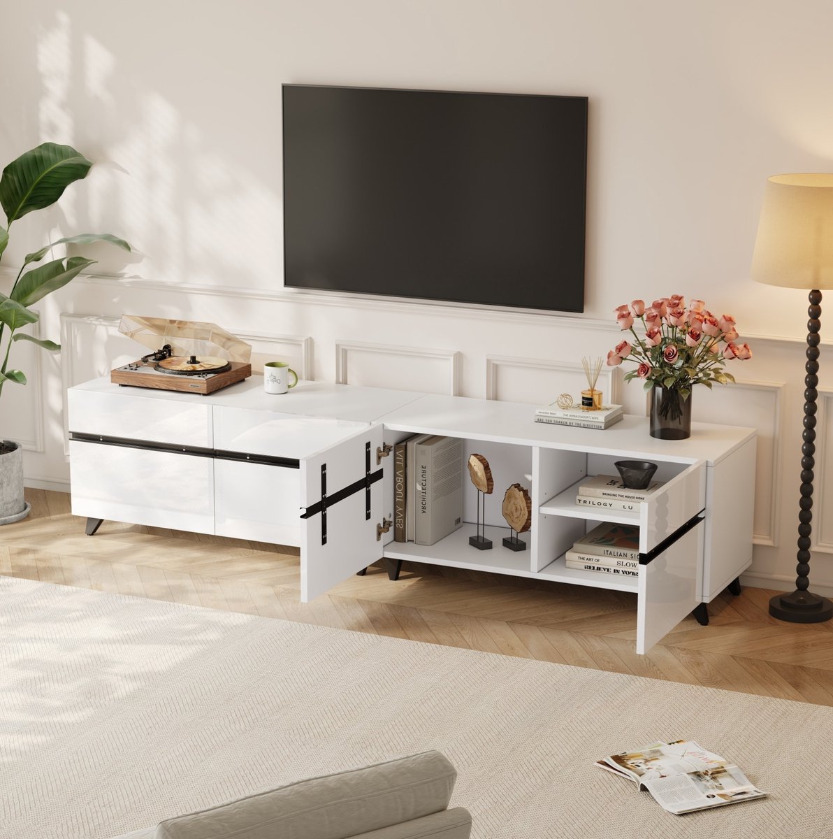 FloraGrace TV Meubel Hoogglans Wit Met 4 Kasten En Verstelbare Planken Voor Woonkamer MDF 180 X 40 X 49 Cm