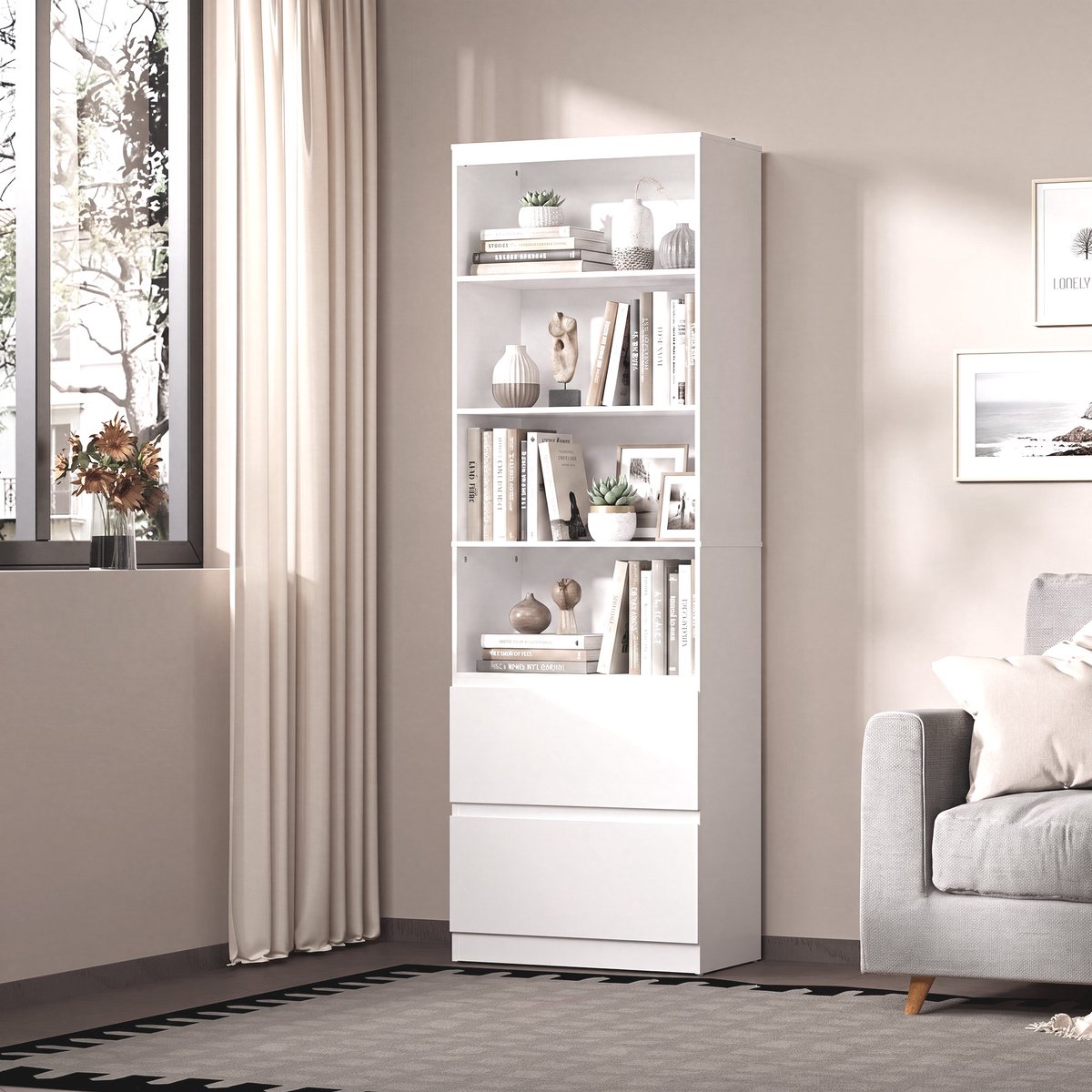 Bealife AP130 Boekenkast – Staand Open Kast met 2 laden – 60×34×180 cm – Wit