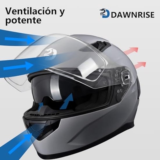 Grijze integraalhelm met Dawnrise logo en ventilatie-openingen met blauwe luchtstroompijlen.