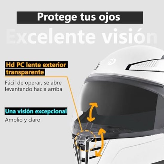 Detail van wit integraalhelm met vizier. Tekst: Protege tus ojos, Excelente visión. Hd PC lente exterior.