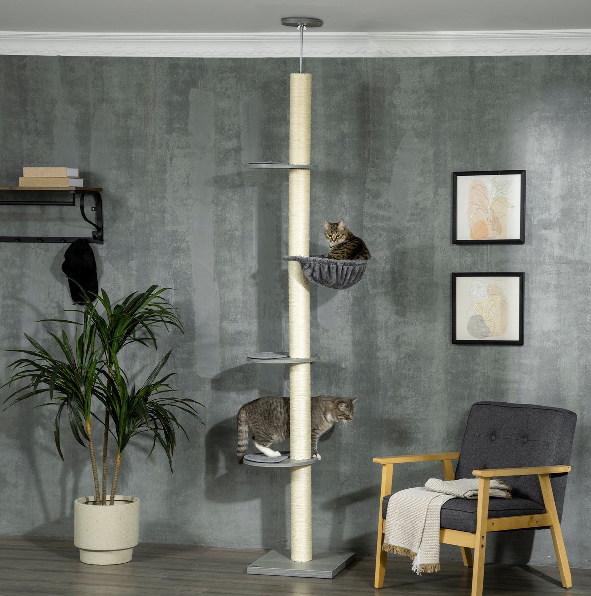 COVREO Krabpaal 40 x 40 x 250 cm grijs, sisal met hangmat en verstelbare hoogte
