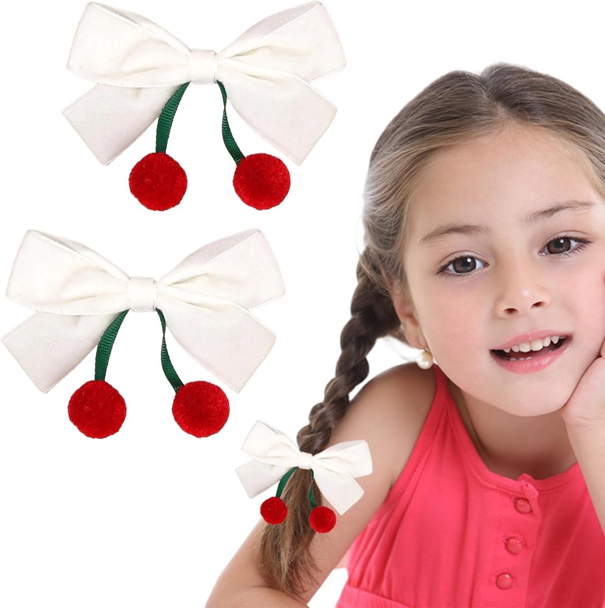 SnelShoppen - 2 Stuks Kerst Haarstrikken voor Meisjes, Rode en Witte Kers Haarspelden, Feestelijke Haaraccessoires voor Kinderen met Krokodillenclip