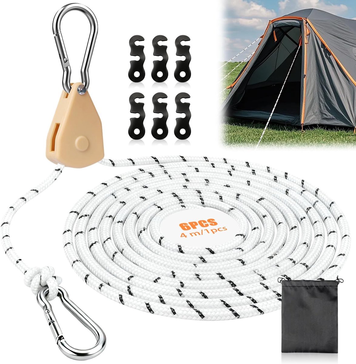 SnelShoppen - Reflecterende Touwen Tenttouw Ratchet Touw 4 m x 4 mm Verstelbaar met Haak voor Kamperen Buiten Wandelen Zonnescherm, Wit, Set van 6