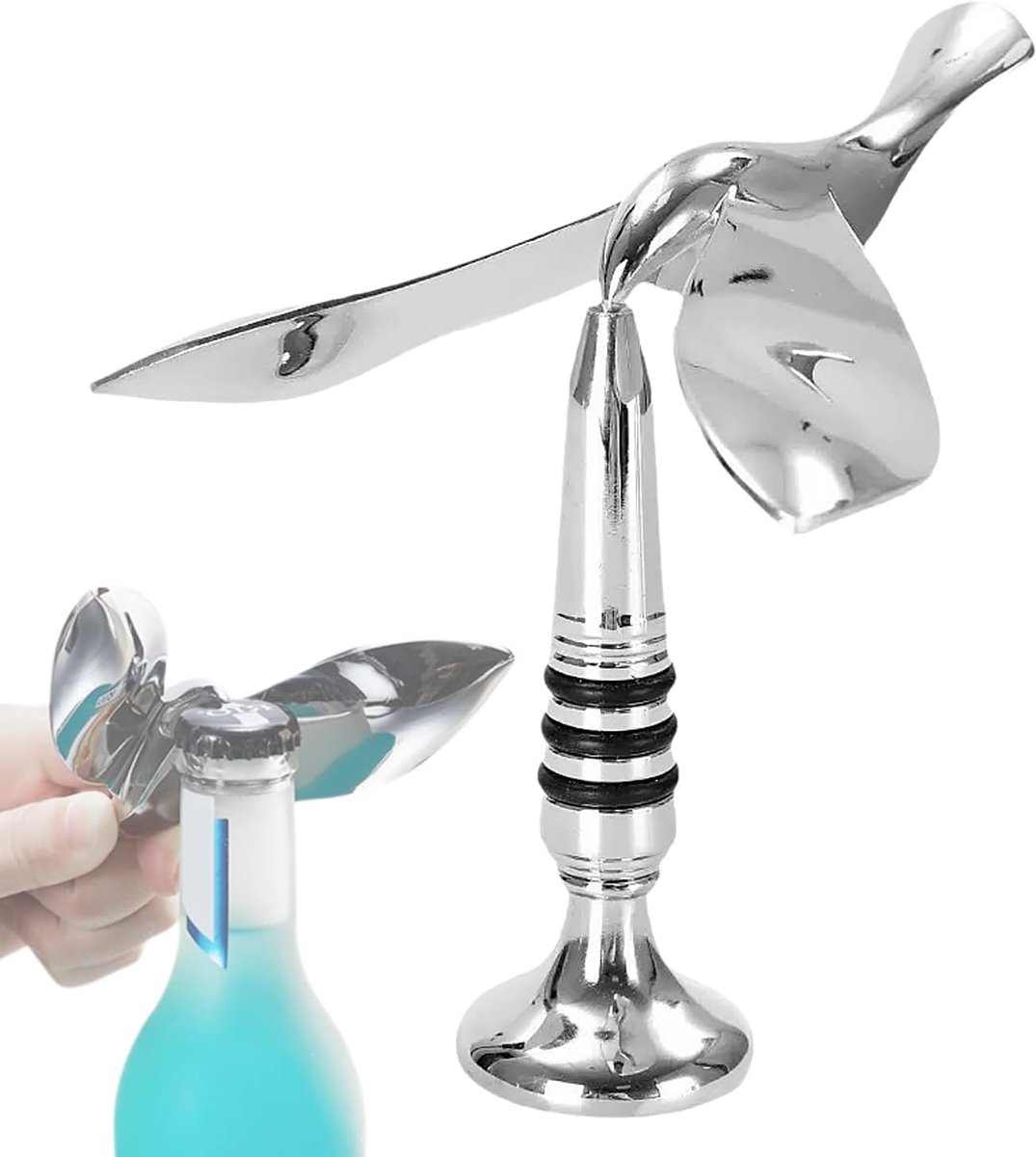 SnelShoppen - Vliegende Vogel Flesopener, 15 mm Opener, Massief Gegoten, RVS, Vormvaste Flesopener met Draairegel voor Wijnflessen, Frisdrankflessen e