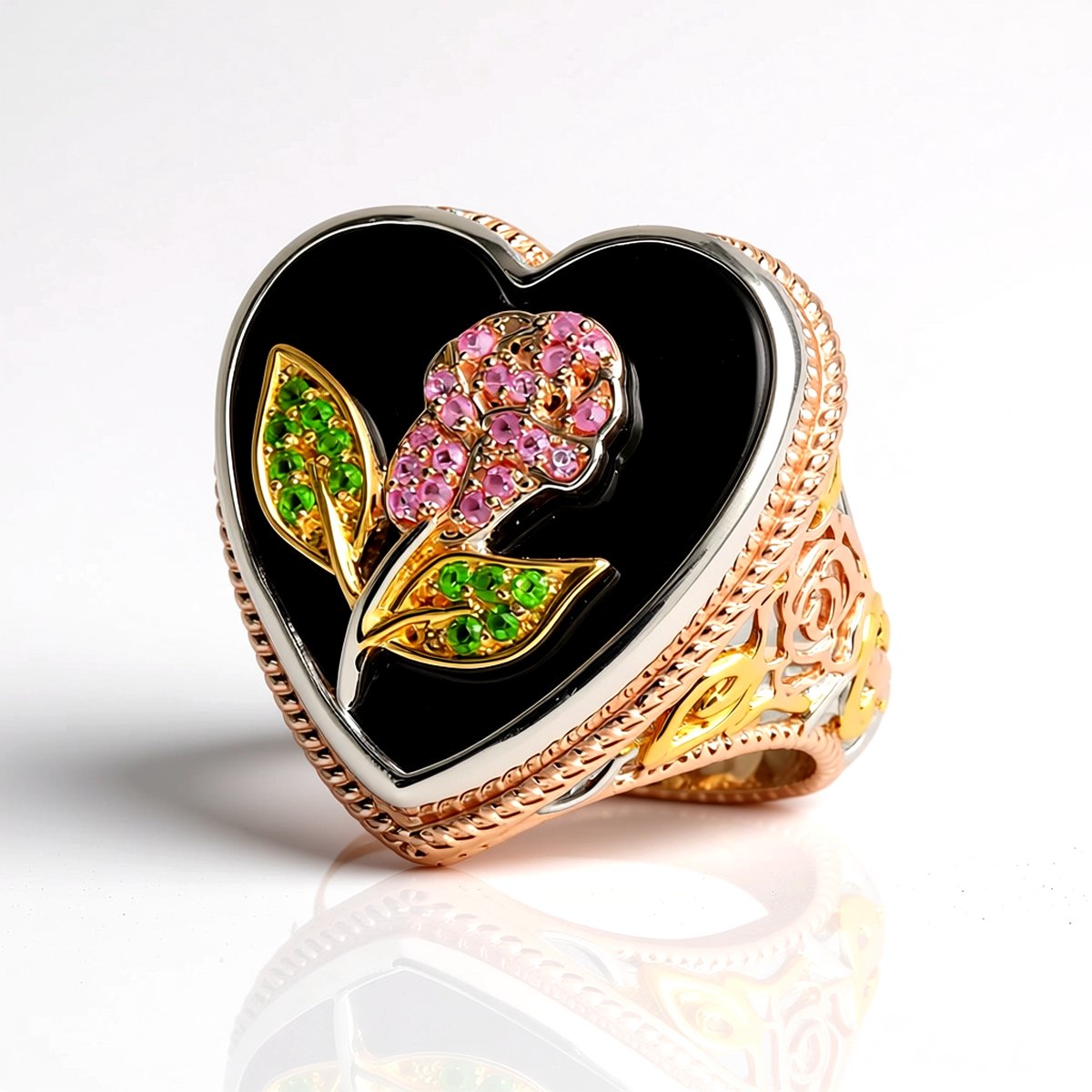 Cavill - Zilveren ring met rose Goud Verguld - Zwarte Onyx 10,872 ct hartvormig - Roze Saffier & Peridoot - Elegante edelstenen sieraden